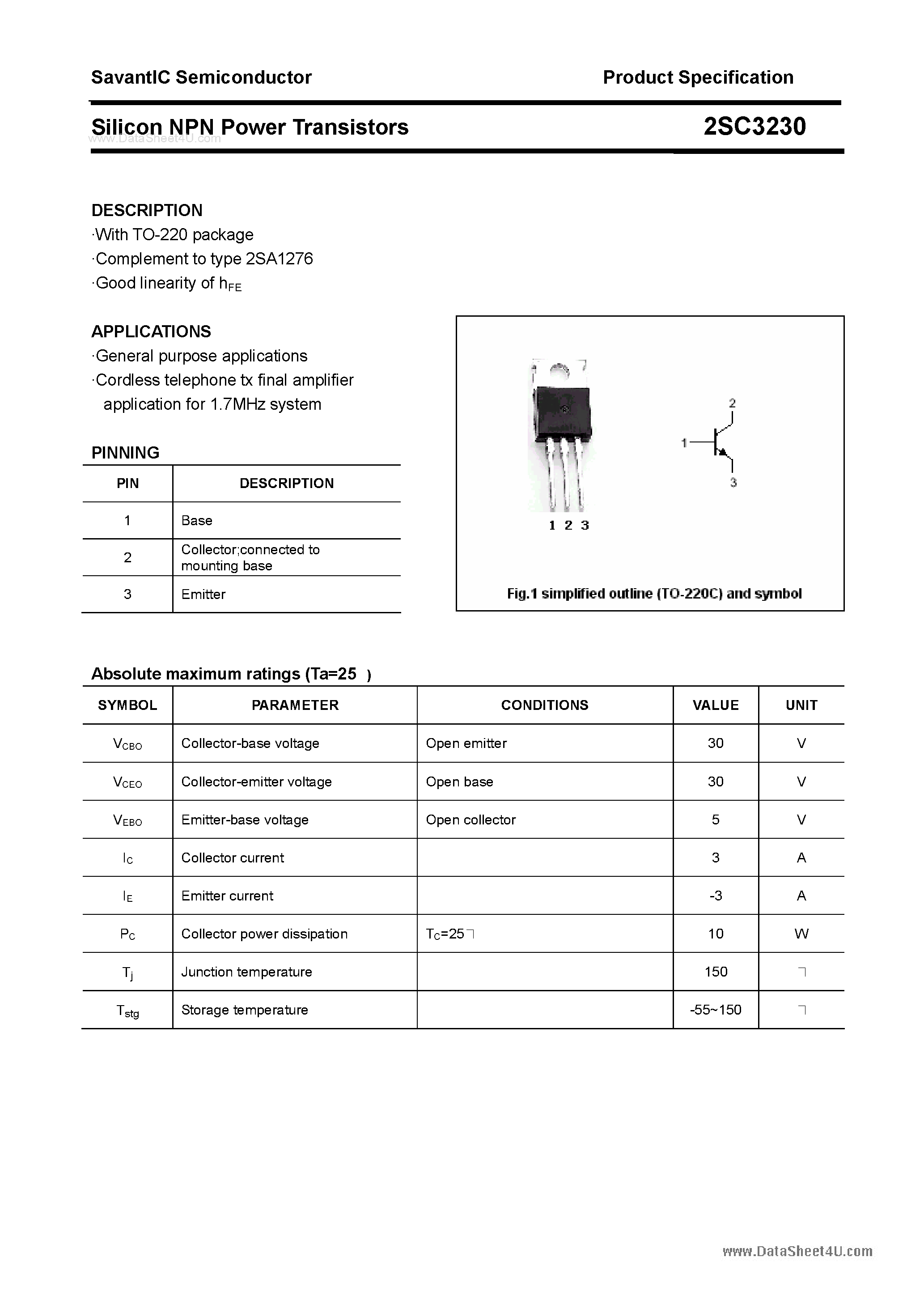 Даташит на микросхему 2SC3230 страница 1 Даташит 2SC3230 - SILICON POWER TRANSISTOR страница 1