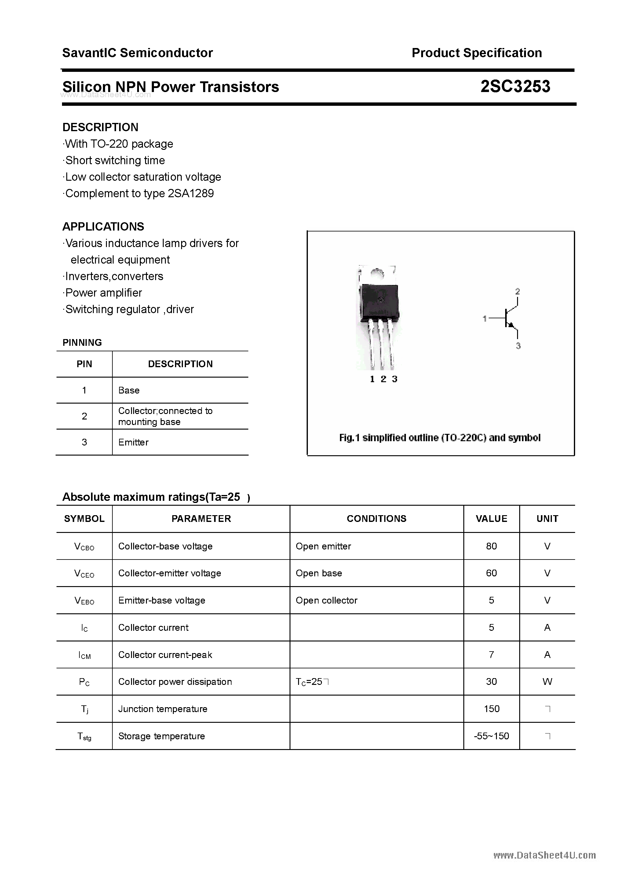 Даташит 2SC3253 - SILICON POWER TRANSISTOR страница 1