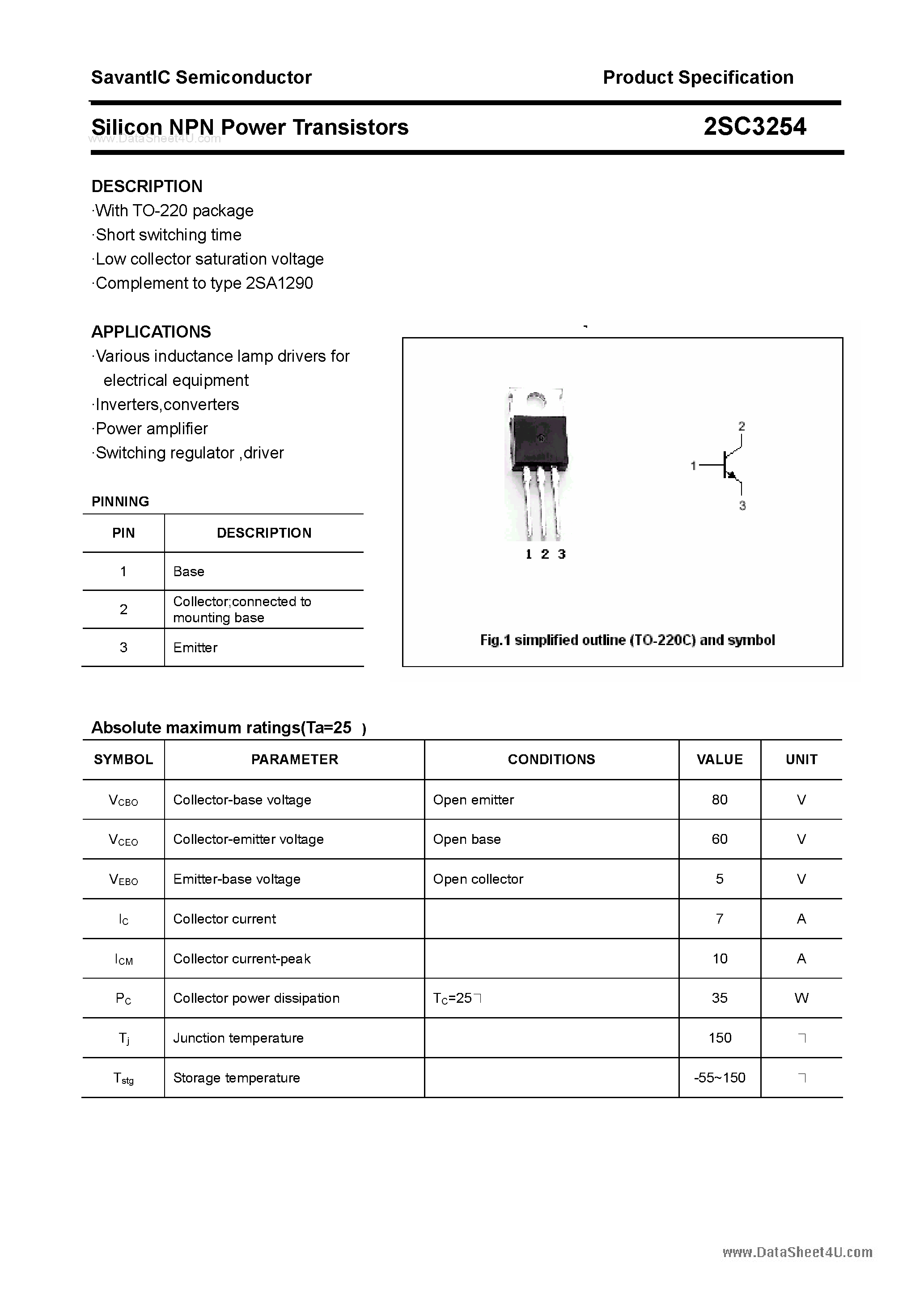 Даташит 2SC3254 - SILICON POWER TRANSISTOR страница 1