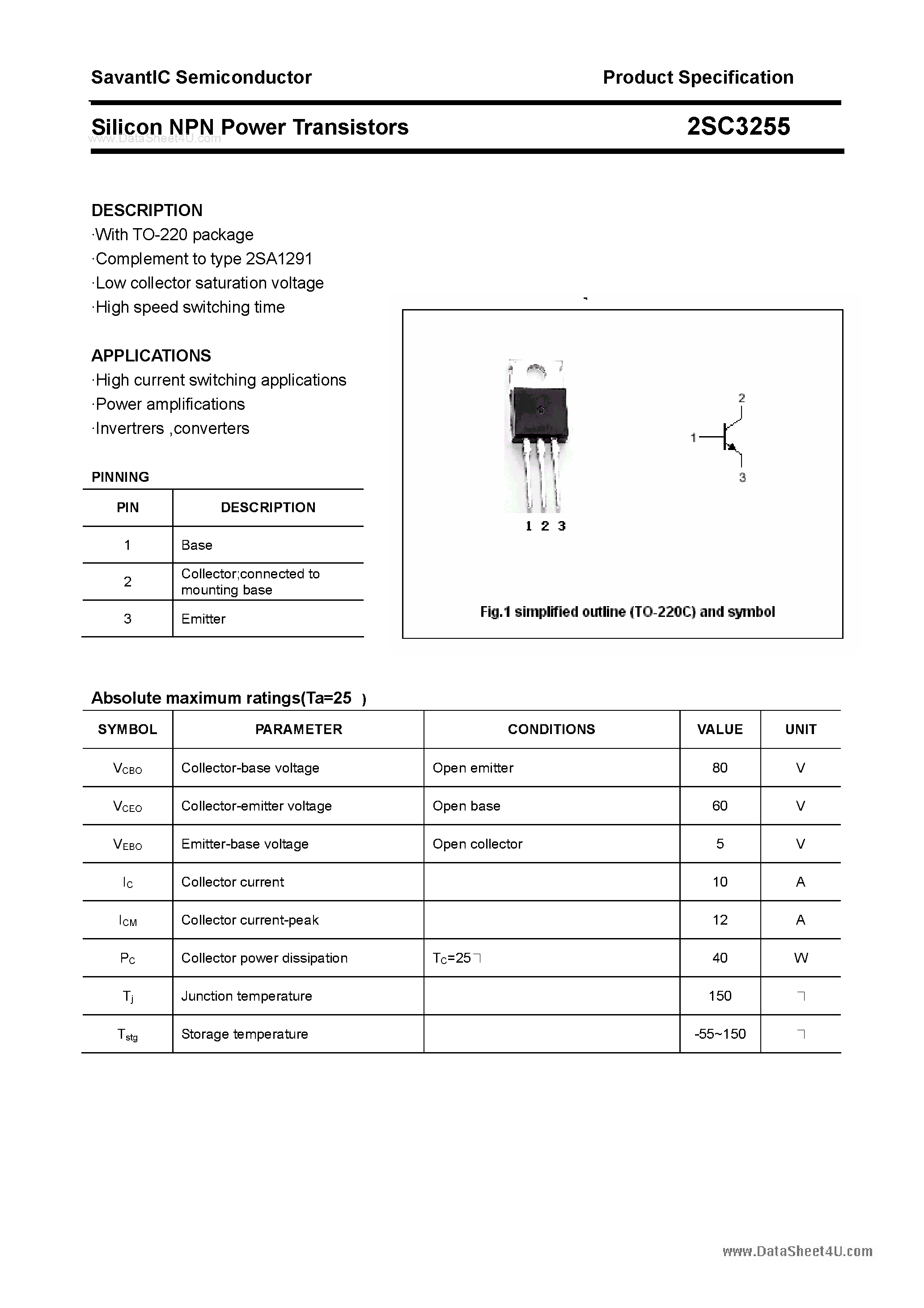 Даташит 2SC3255 - SILICON POWER TRANSISTOR страница 1