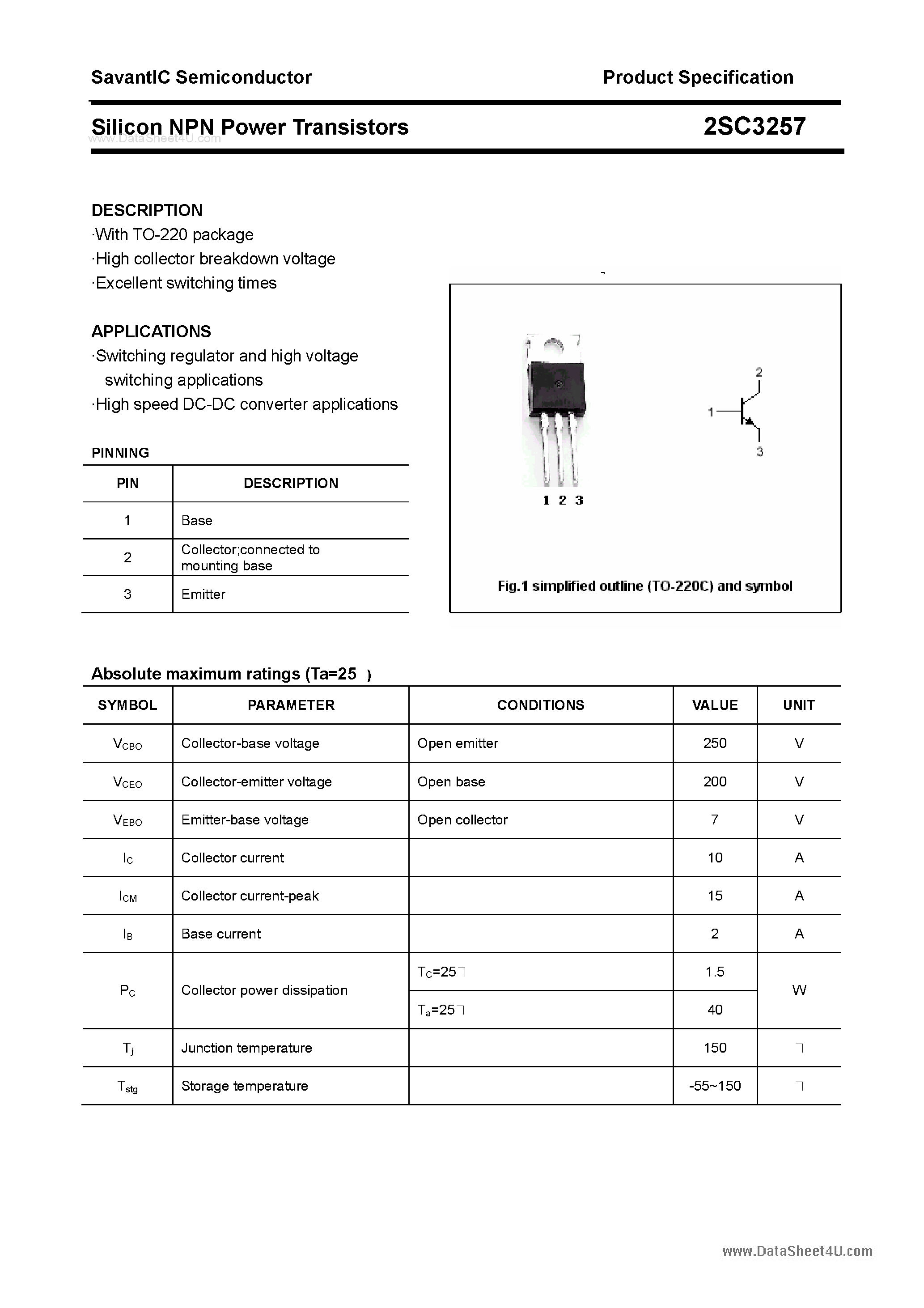Даташит 2SC3257 - SILICON POWER TRANSISTOR страница 1