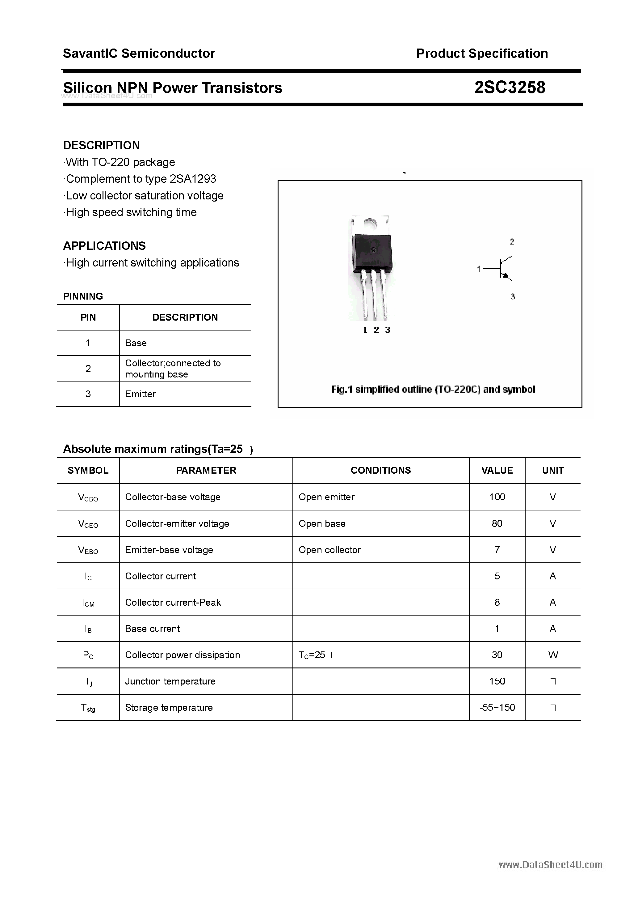 Даташит 2SC3258 - SILICON POWER TRANSISTOR страница 1