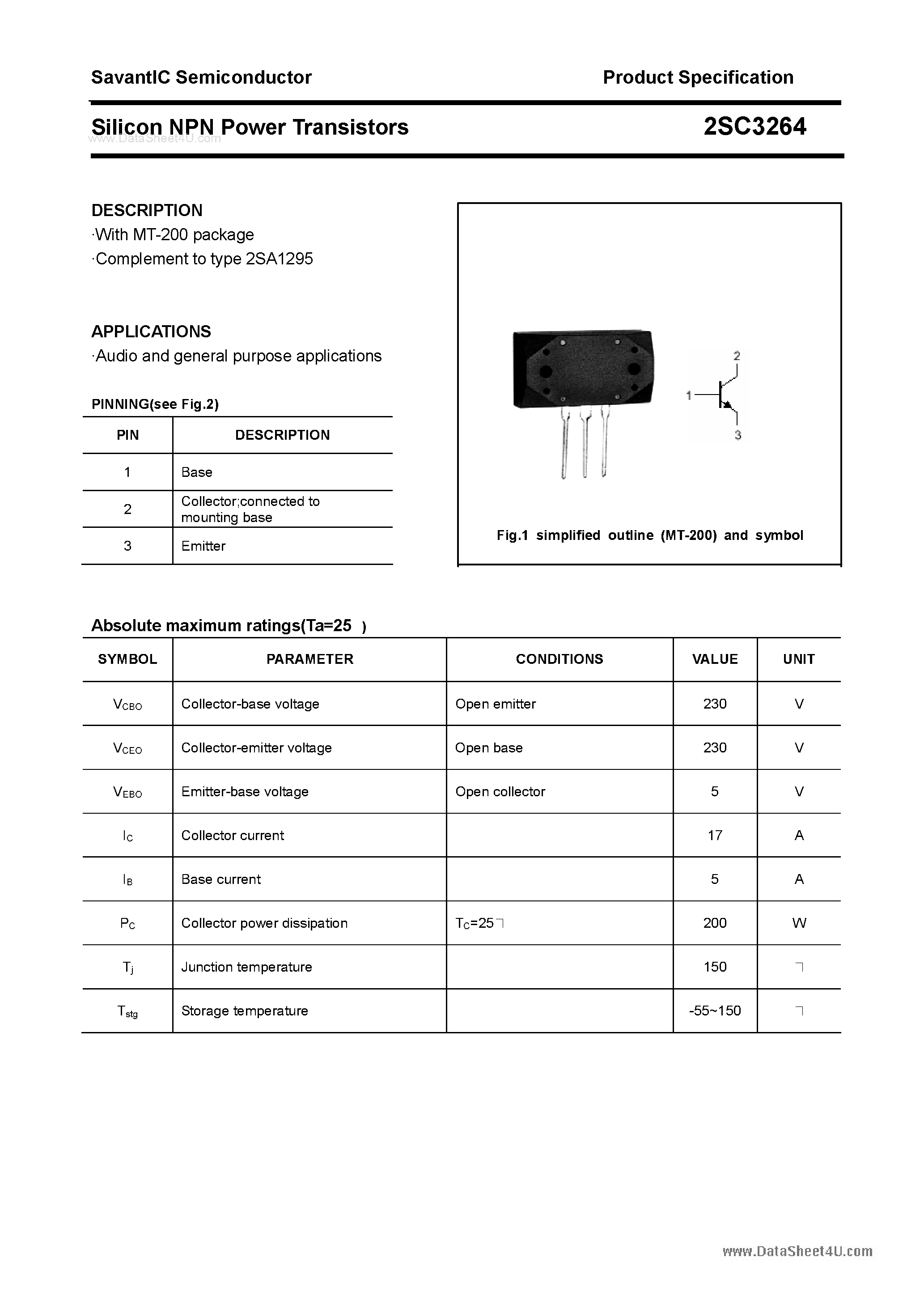 Datasheet 2SC3264 - SILICON POWER TRANSISTOR page 1