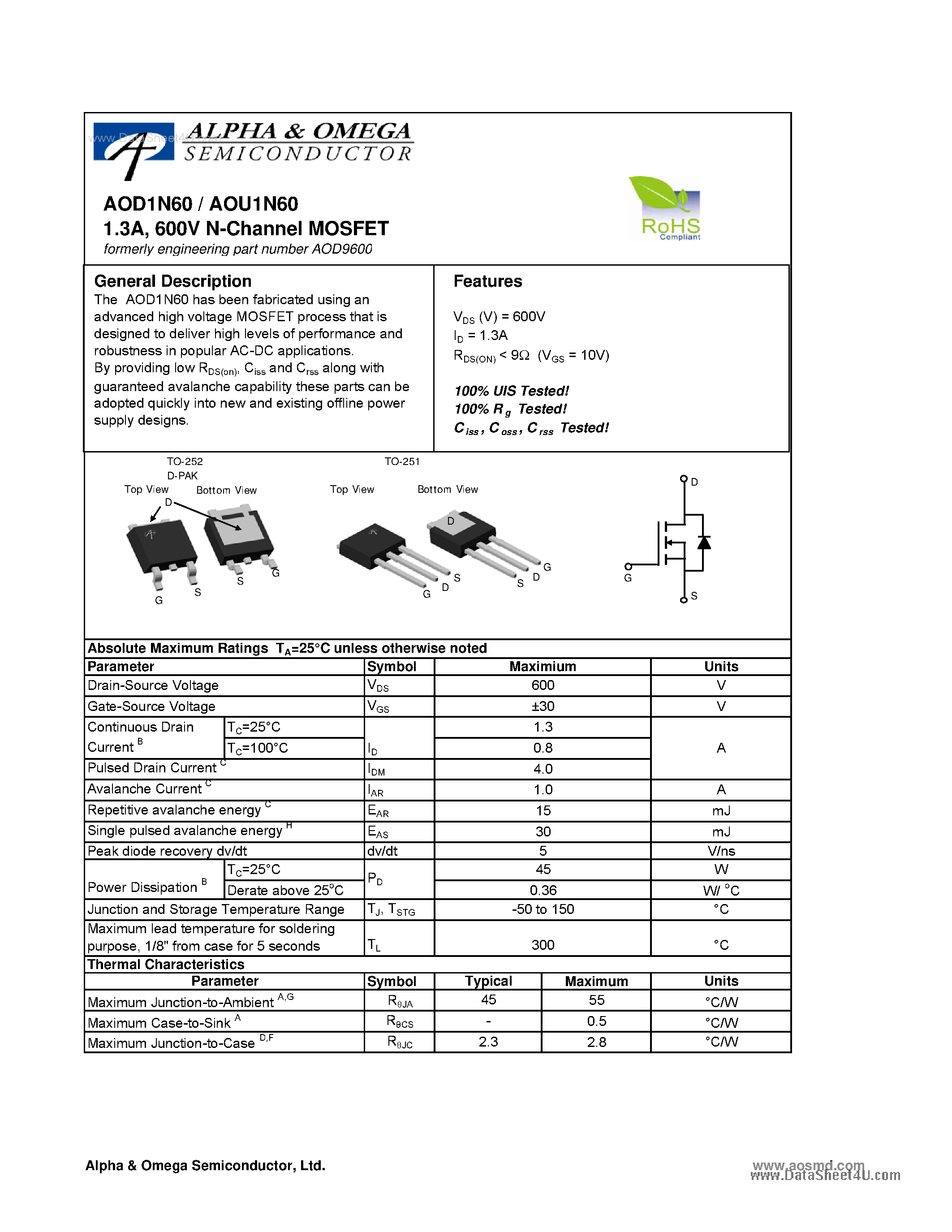 Datasheet AOD1N60 - 600V N-Channel MOSFET page 1