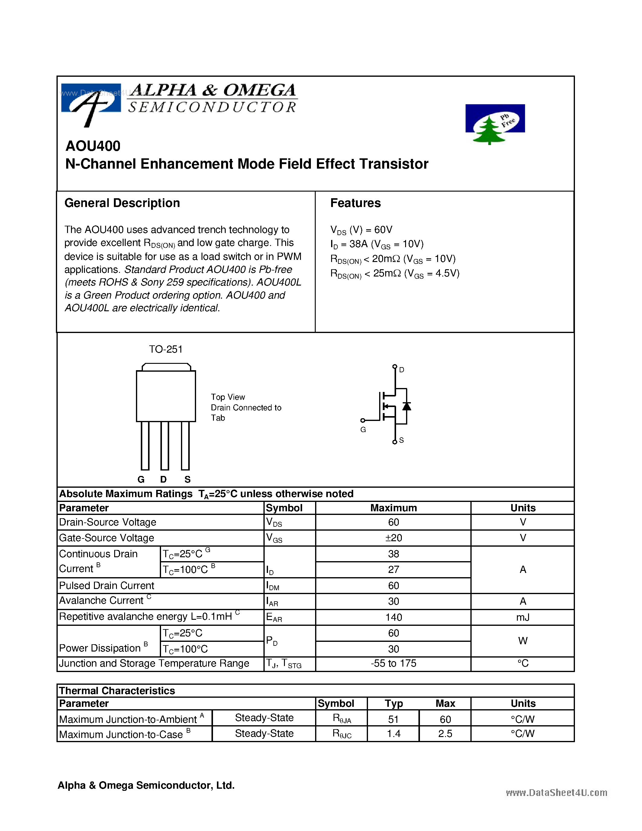 Datasheet AOU400 - N-Channel Enhancement Mode Field Effect Transistor page 1