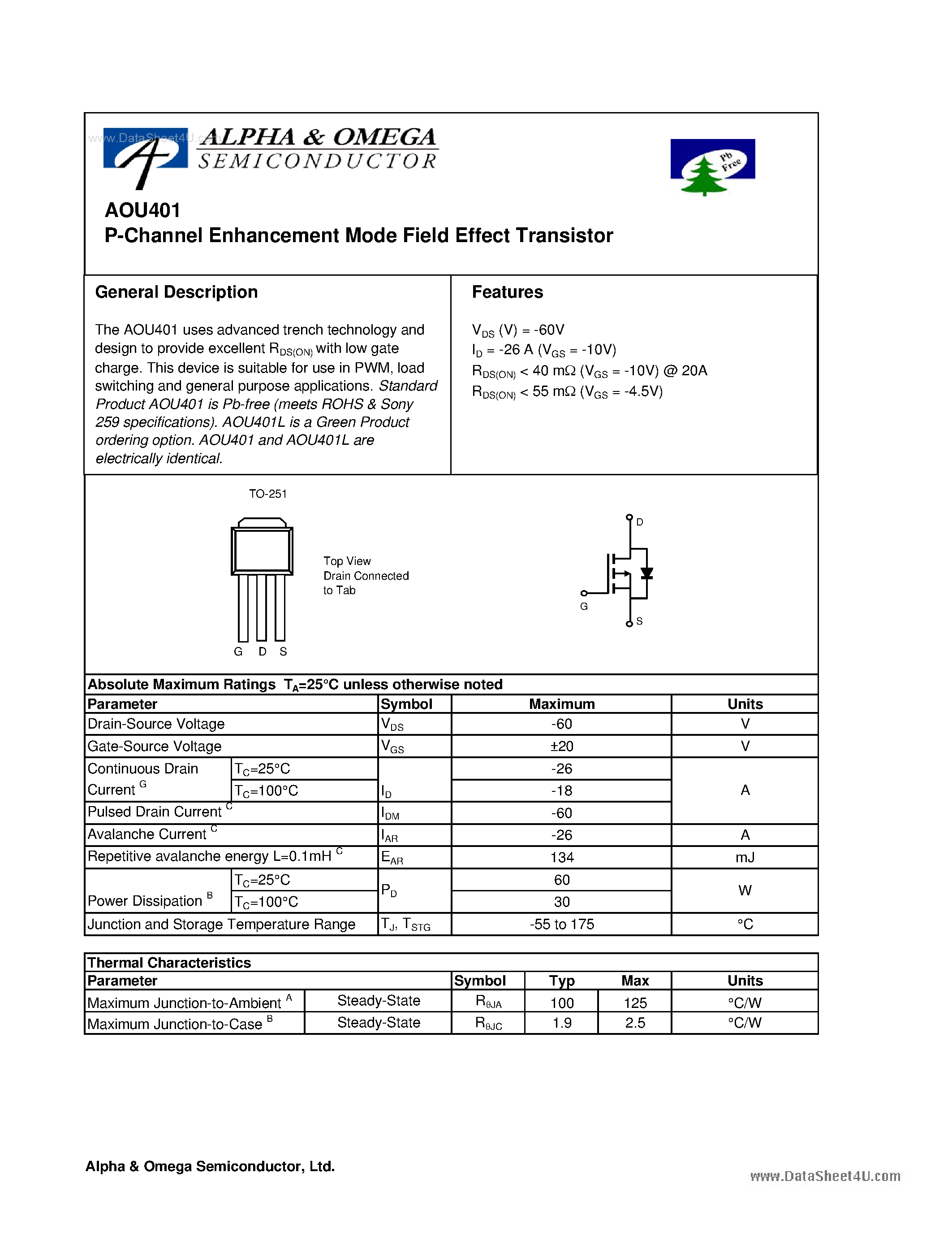 Datasheet AOU401 - P-Channel Enhancement Mode Field Effect Transistor page 1