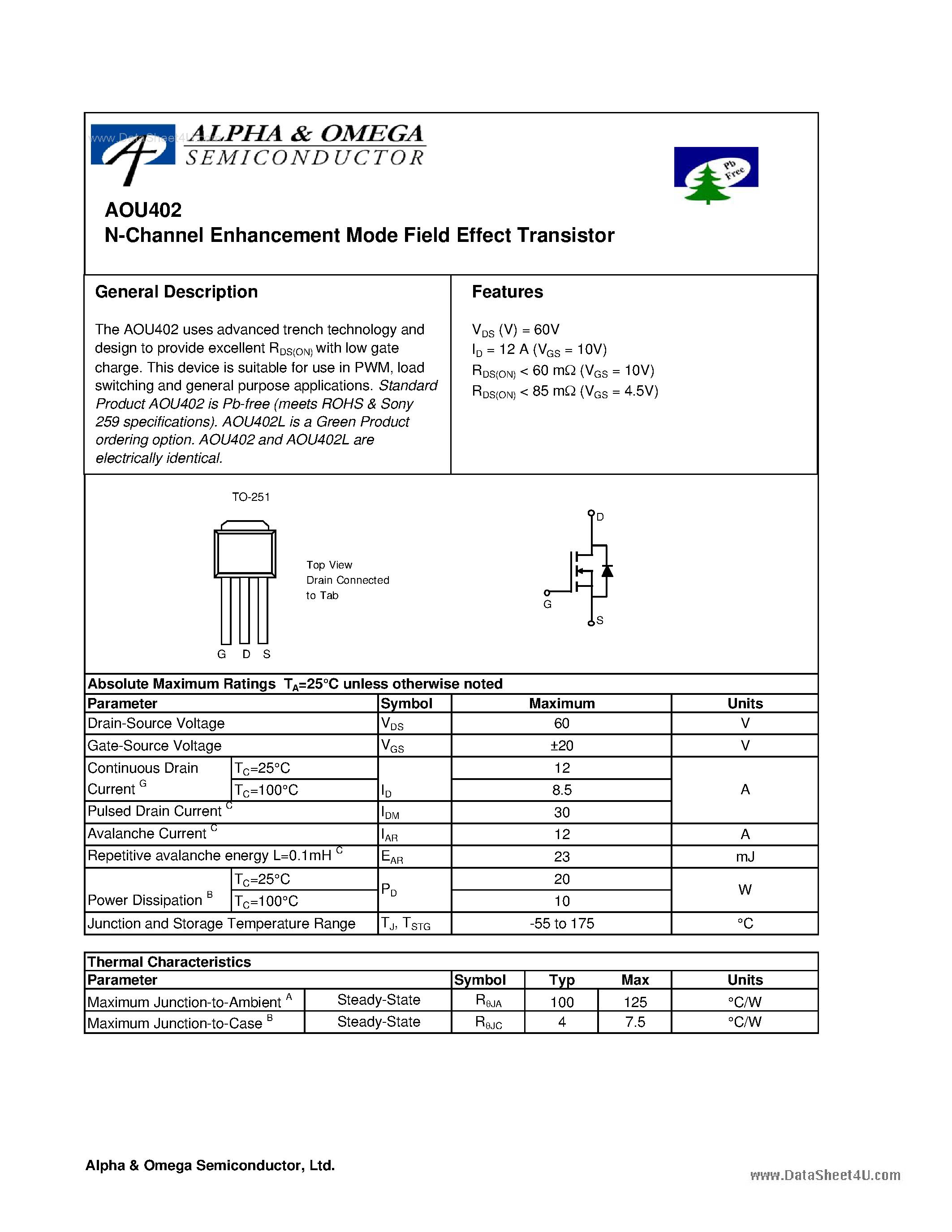 Datasheet AOU402 - N-Channel Enhancement Mode Field Effect Transistor page 1