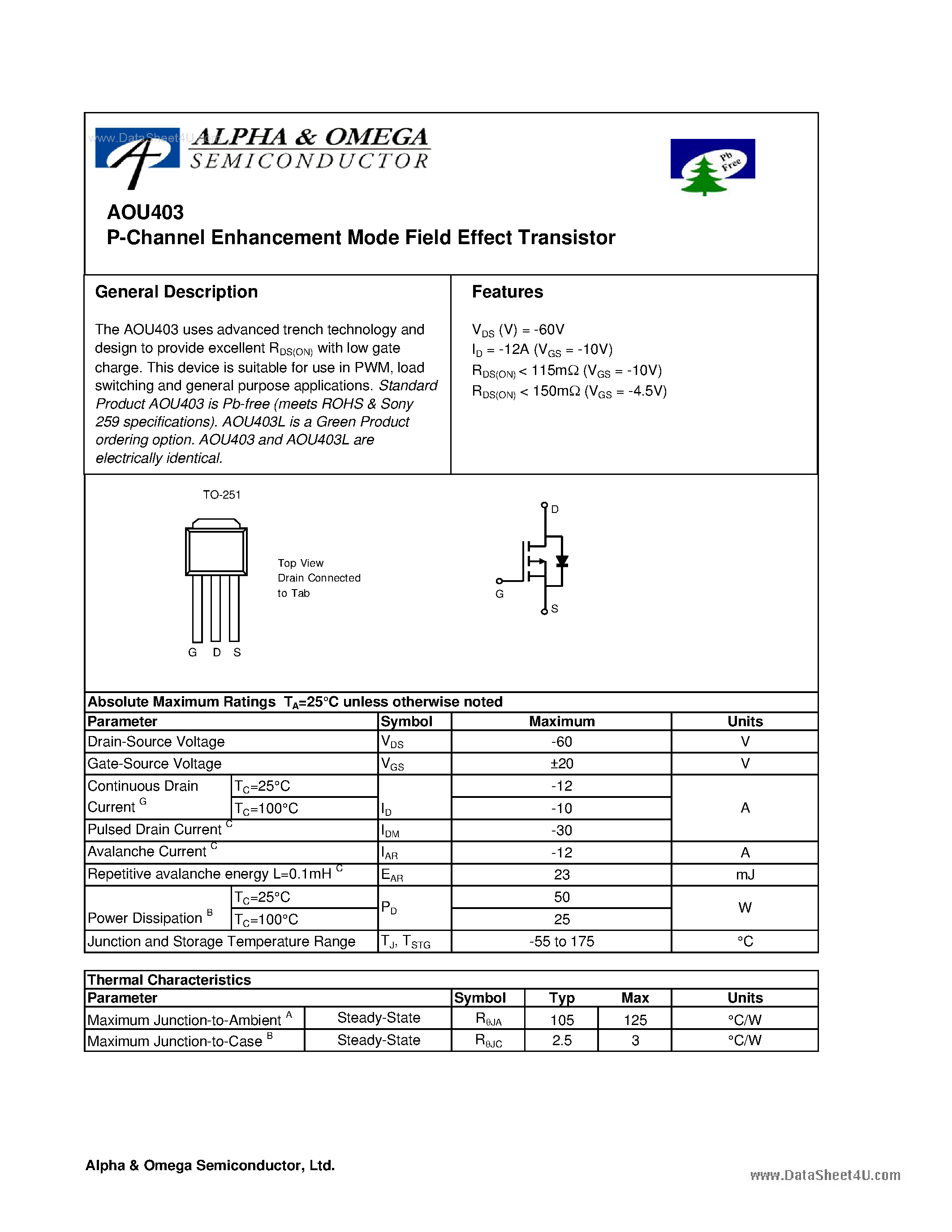 Datasheet AOU403 page 1 Datasheet AOU403 - P-Channel Enhancement Mode Field Effect Transistor page 1