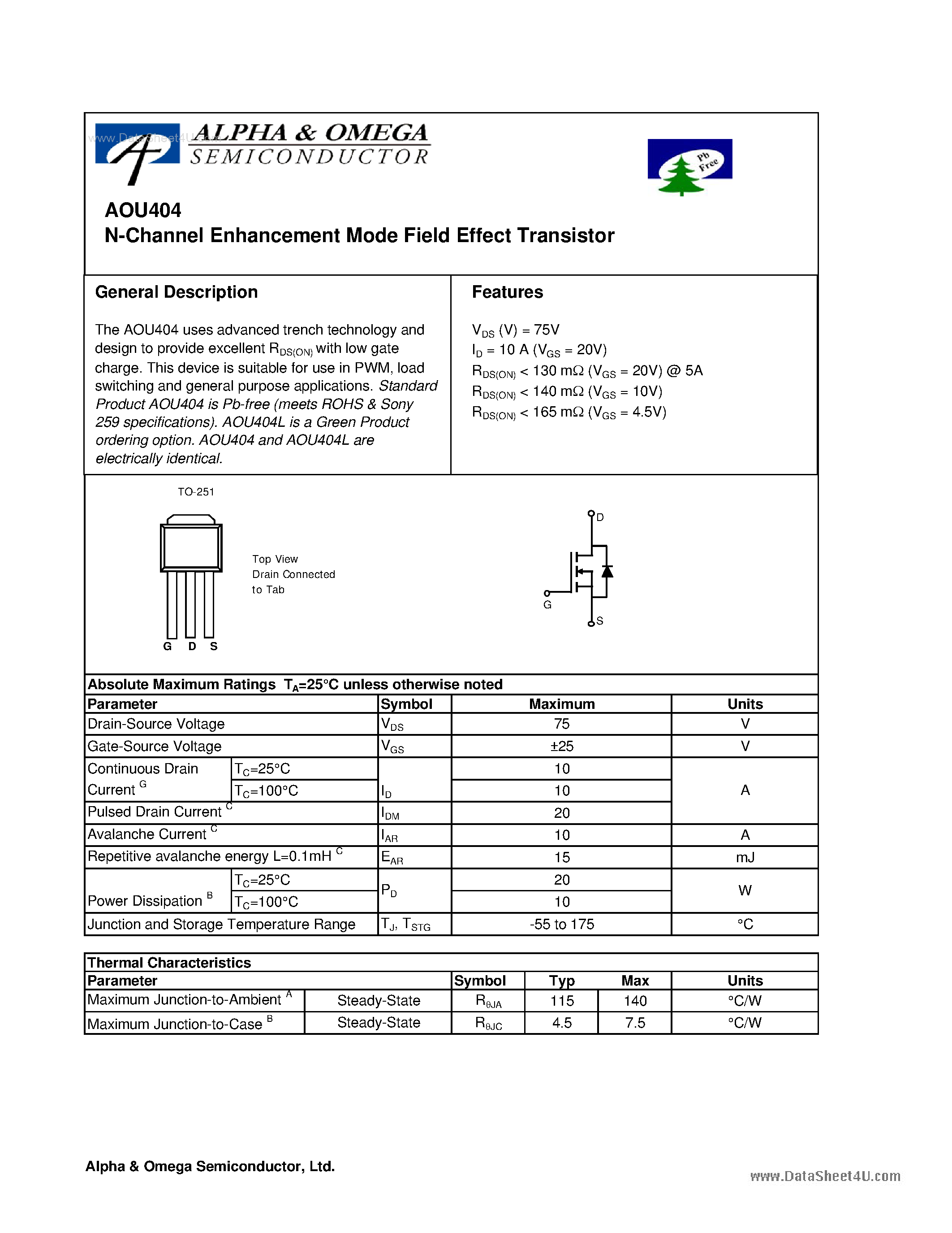 Datasheet AOU404 - N-Channel Enhancement Mode Field Effect Transistor page 1