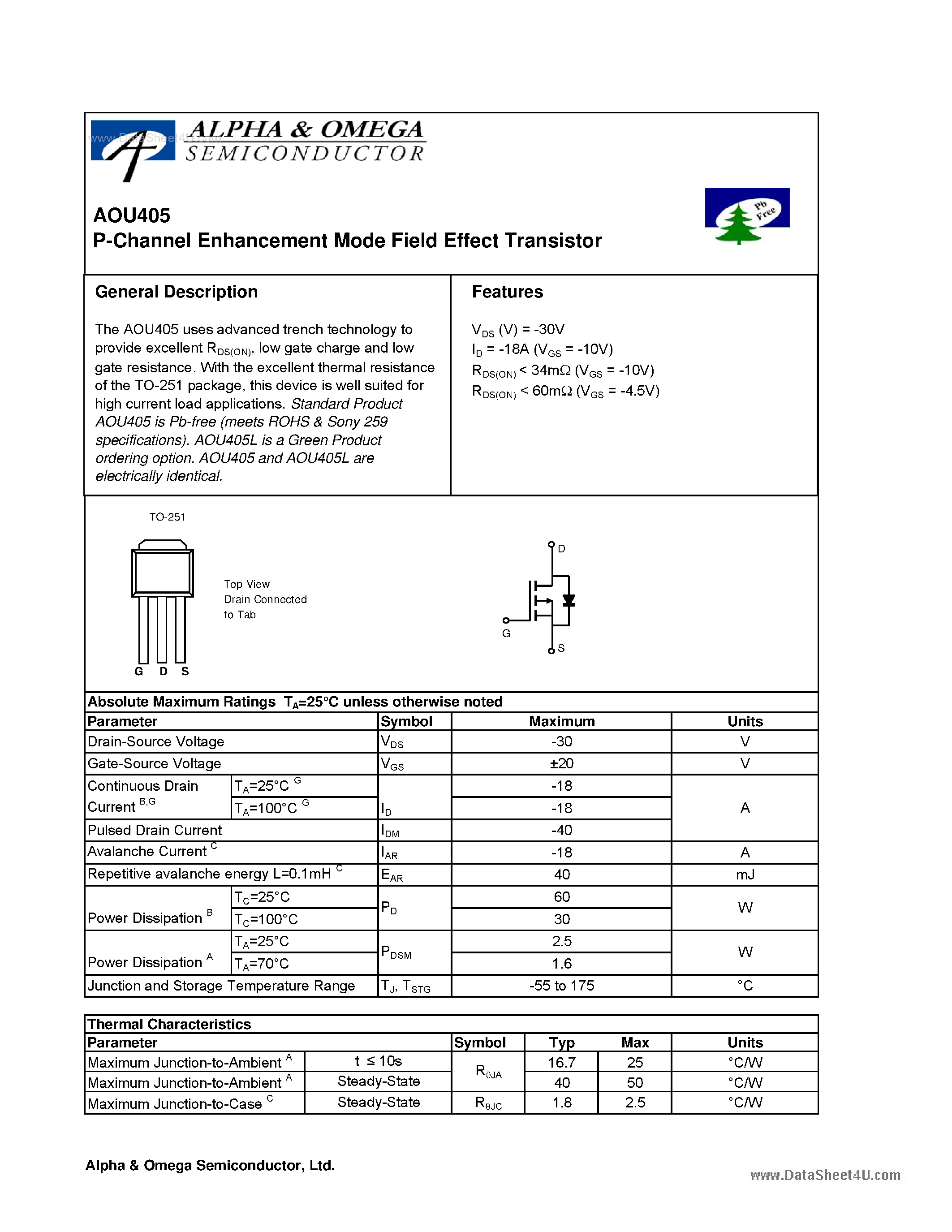 Datasheet AOU405 - P-Channel Enhancement Mode Field Effect Transistor page 1
