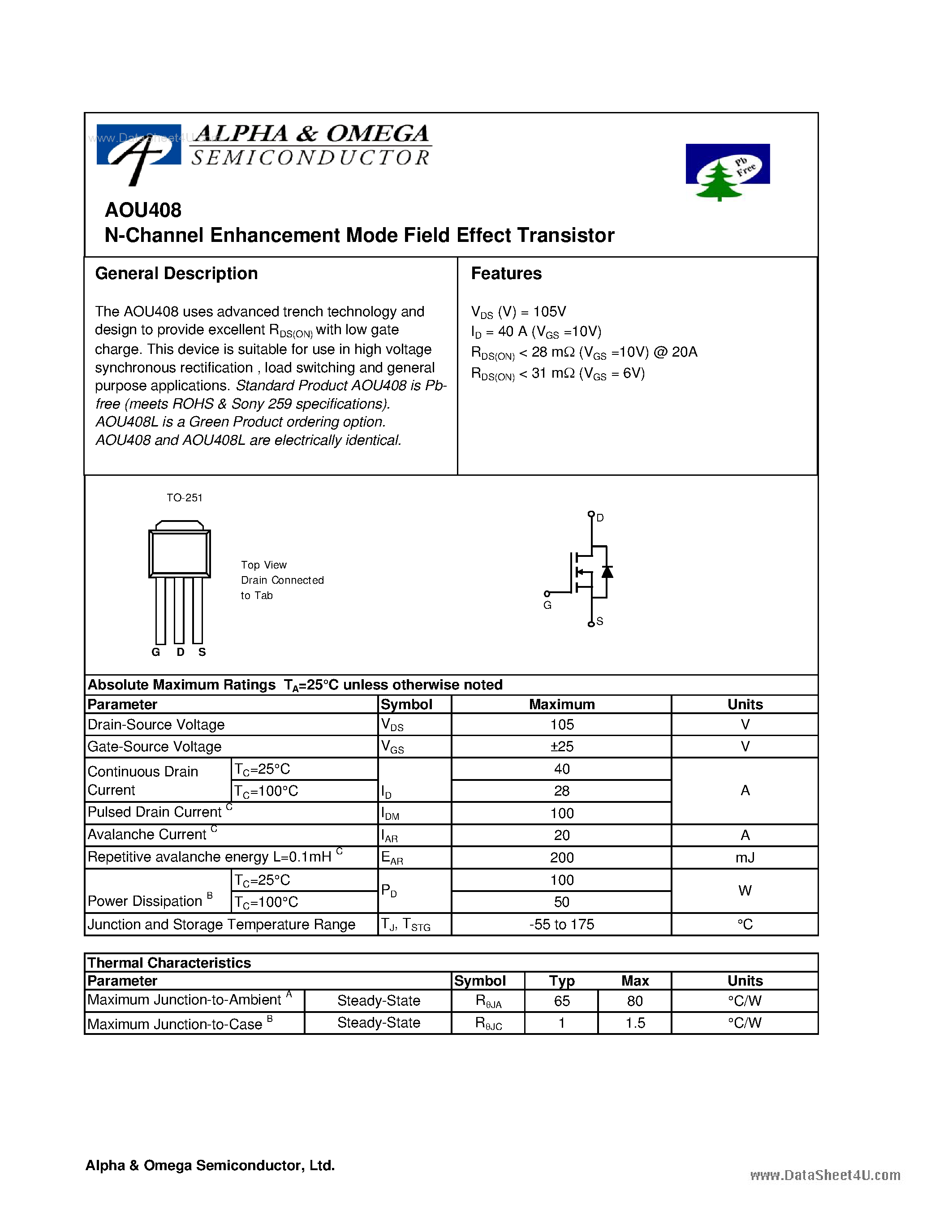 Datasheet AOU408 - N-Channel Enhancement Mode Field Effect Transistor page 1