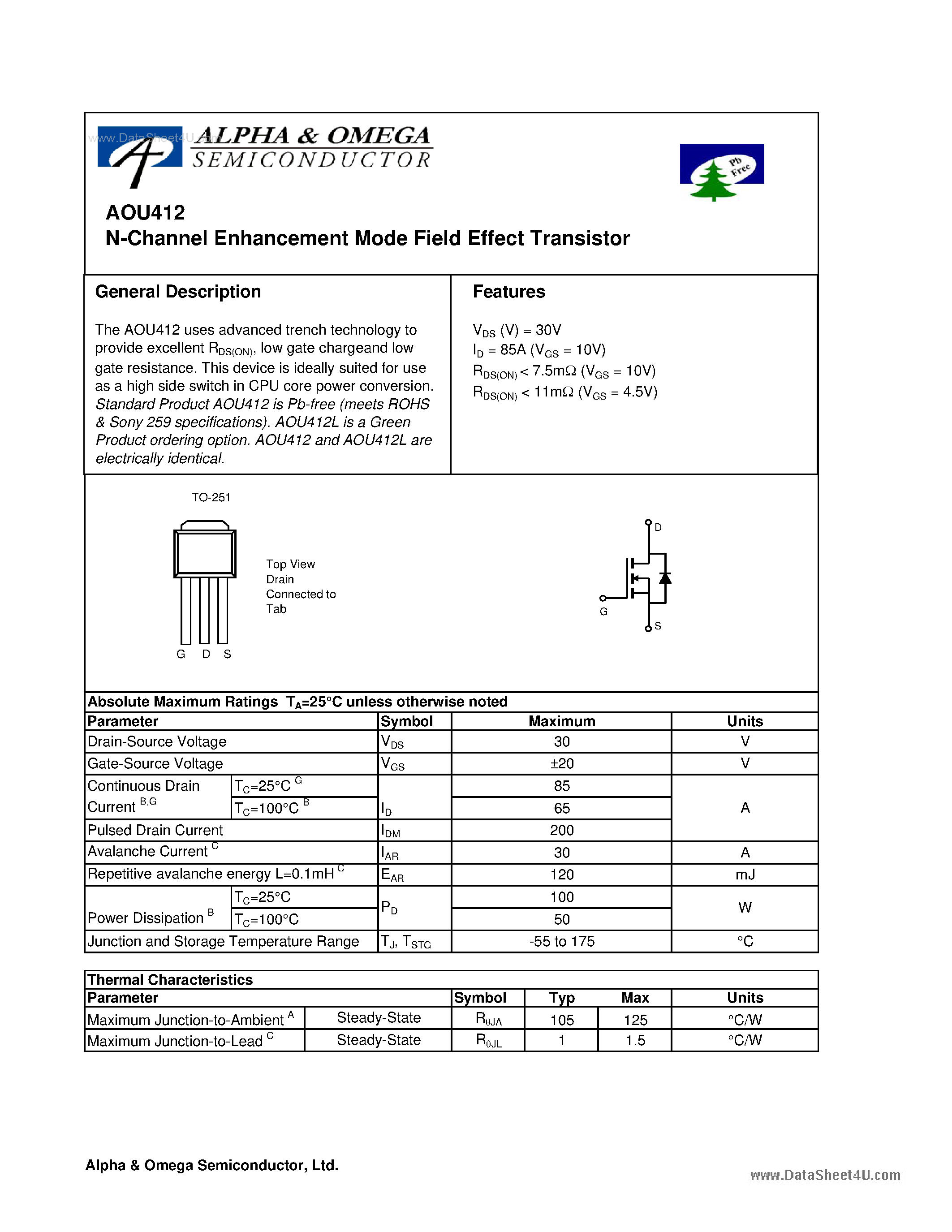 Datasheet AOU412 - N-Channel Enhancement Mode Field Effect Transistor page 1