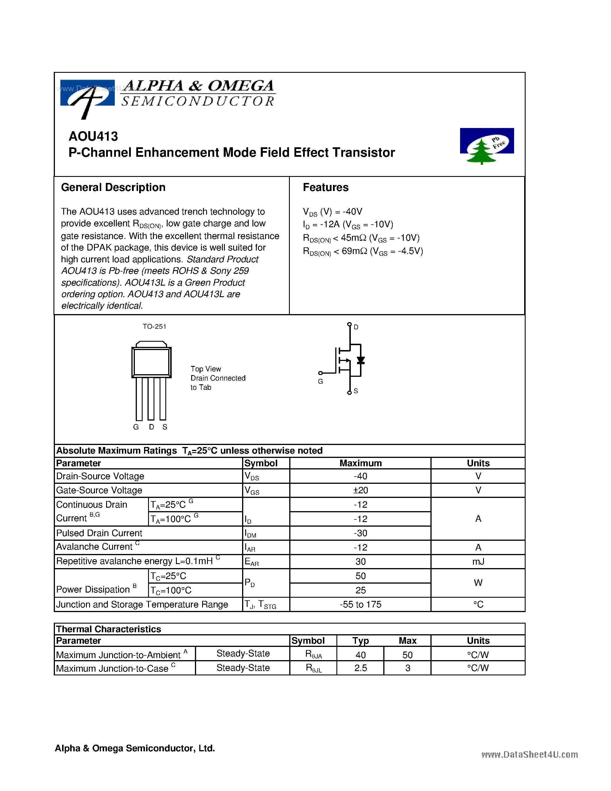Datasheet AOU413 - P-Channel Enhancement Mode Field Effect Transistor page 1