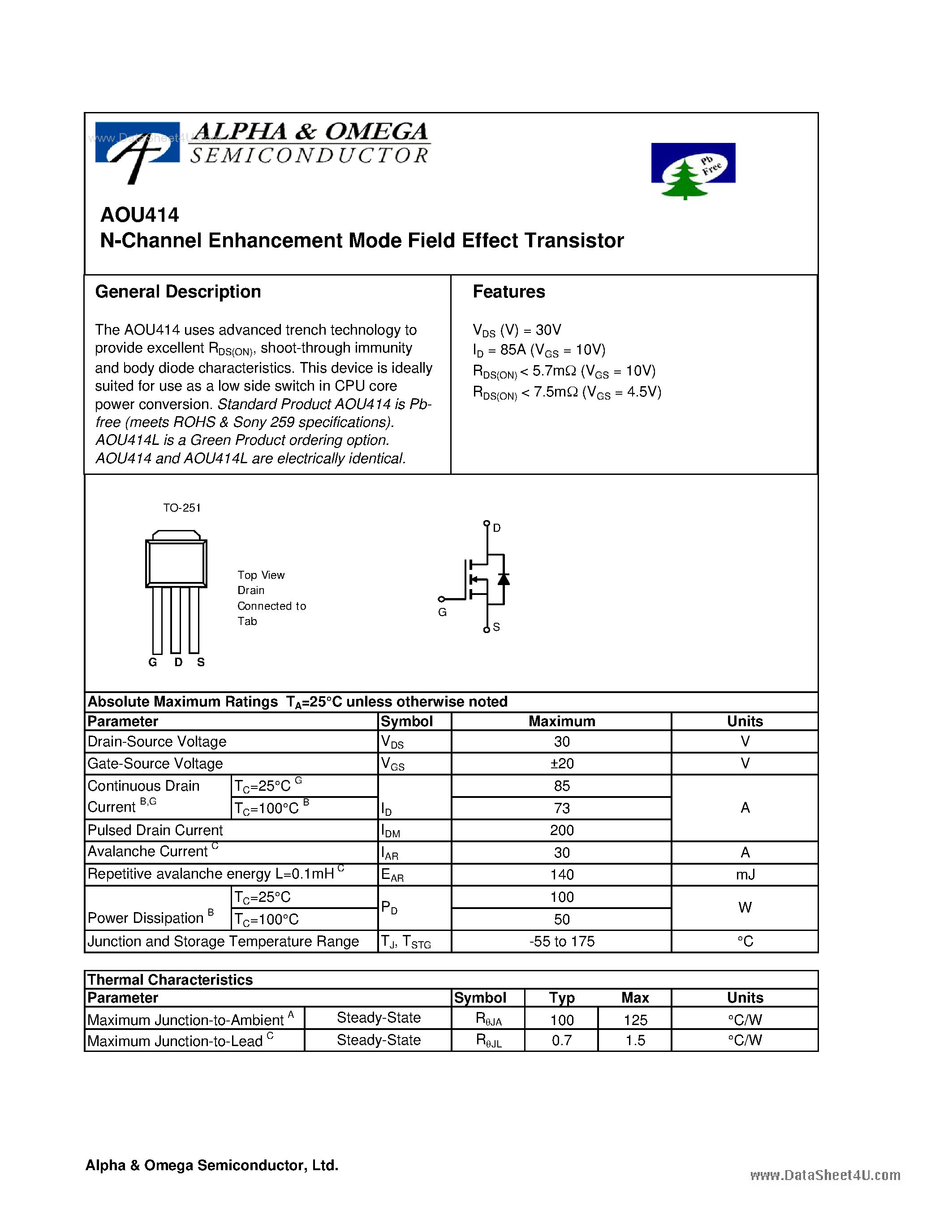 Datasheet AOU414 - N-Channel Enhancement Mode Field Effect Transistor page 1