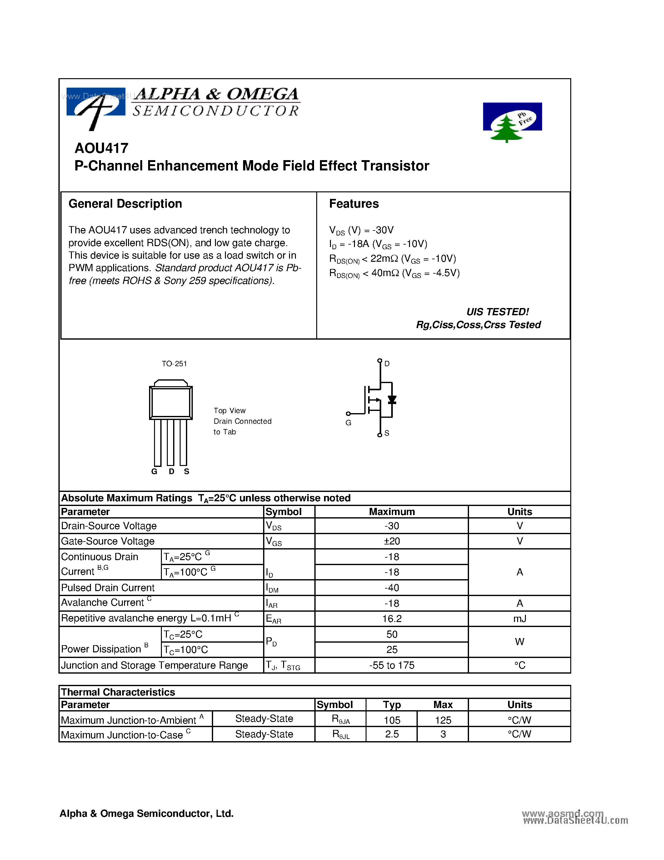 Datasheet AOU417 - P-Channel Enhancement Mode Field Effect Transistor page 1