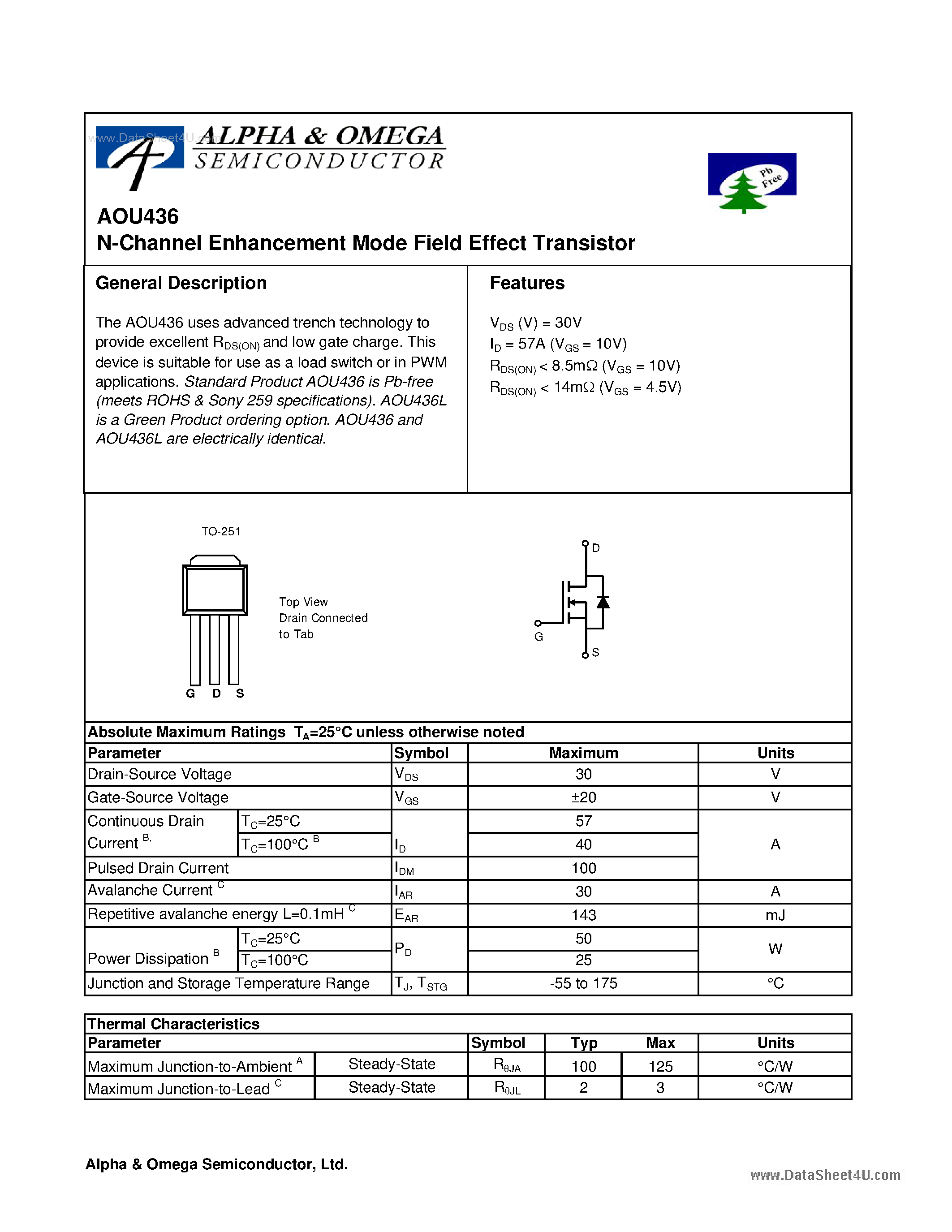 Datasheet AOU436 - N-Channel Enhancement Mode Field Effect Transistor page 1