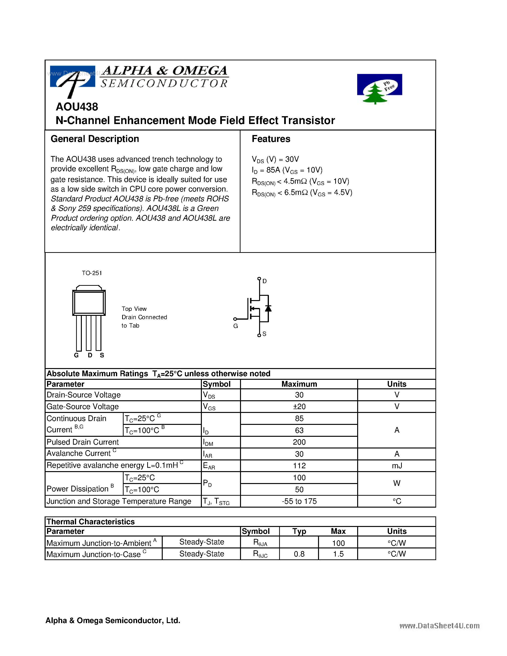 Datasheet AOU438 - N-Channel Enhancement Mode Field Effect Transistor page 1