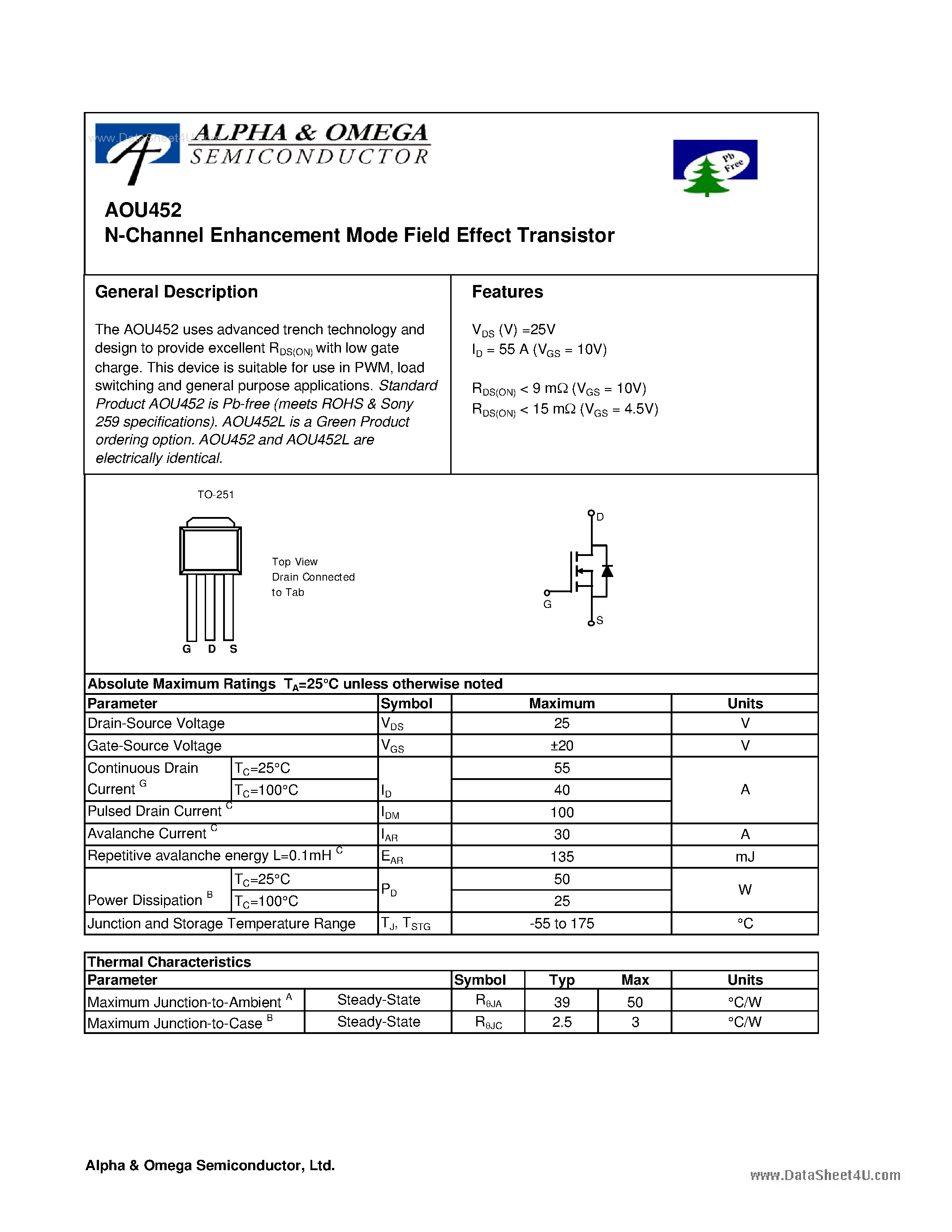 Datasheet AOU452 - N-Channel Enhancement Mode Field Effect Transistor page 1