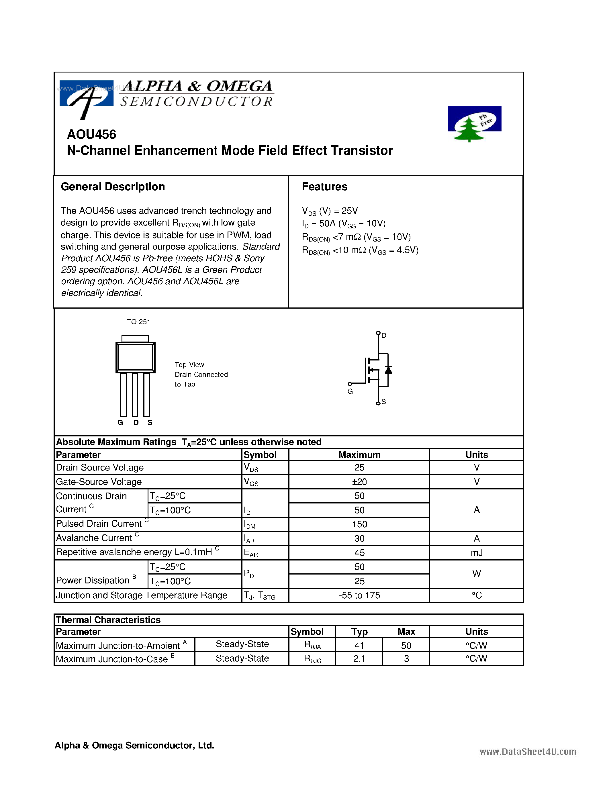 Datasheet AOU456 - N-Channel Enhancement Mode Field Effect Transistor page 1
