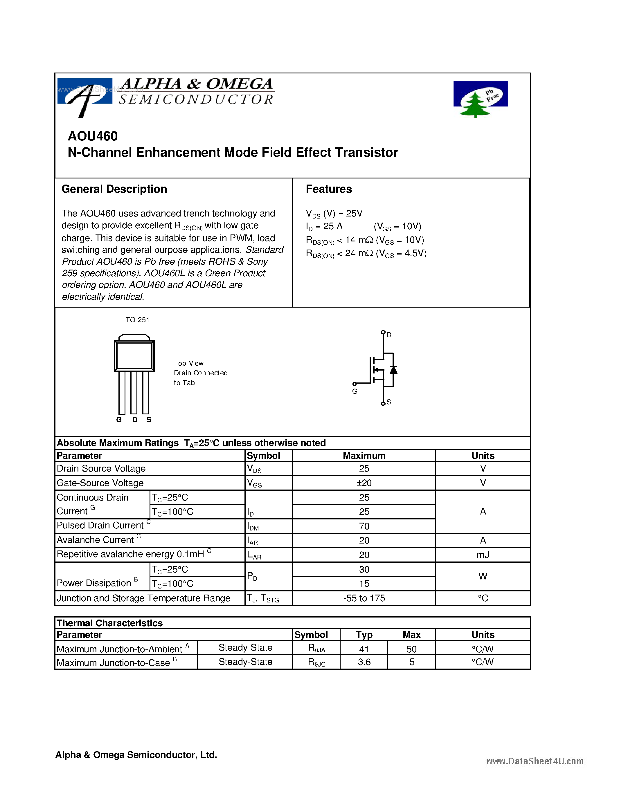 Datasheet AOU460 - N-Channel Enhancement Mode Field Effect Transistor page 1