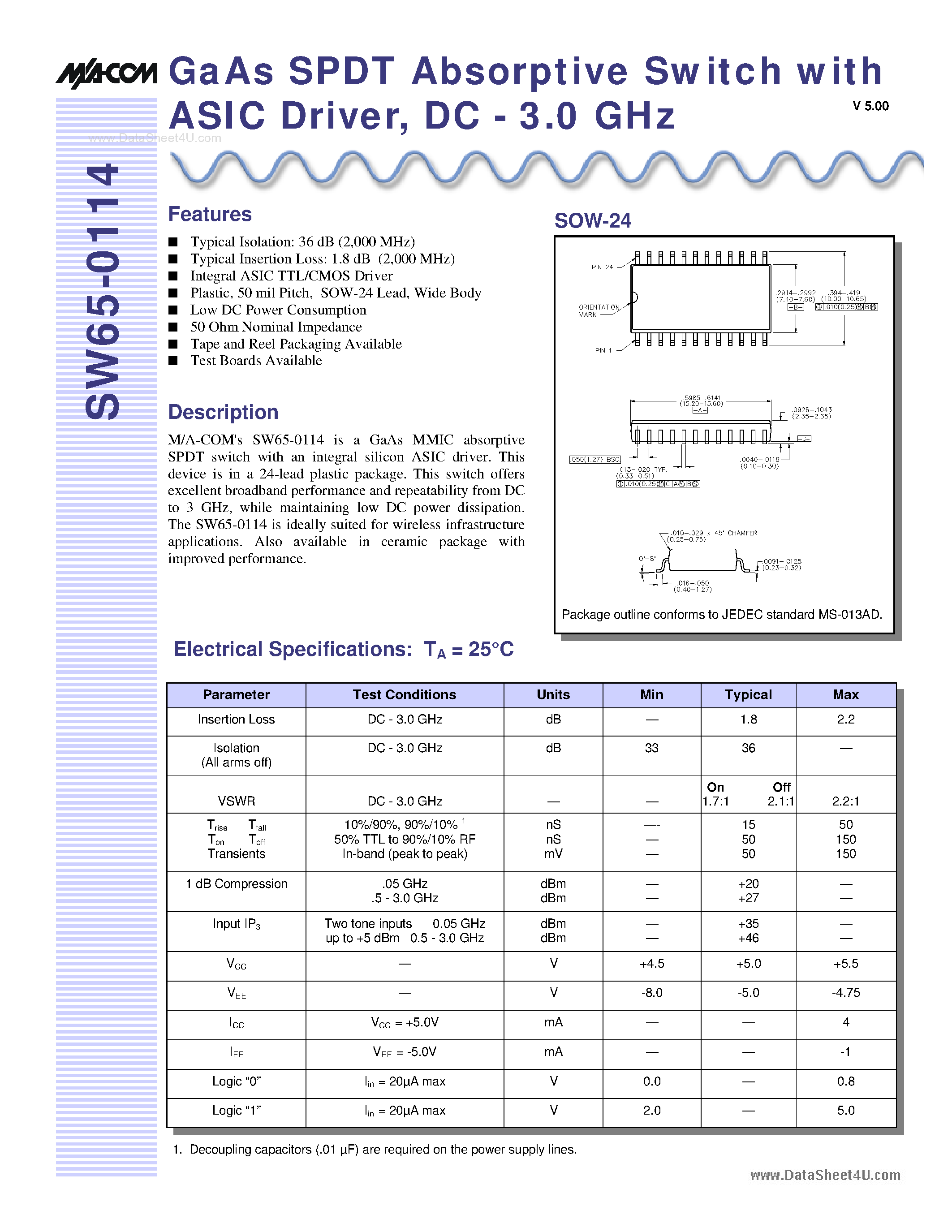 Datasheet SW65-0114 page 1 Datasheet SW65-0114 - GaAs SPDT Absorptive Switch page 1