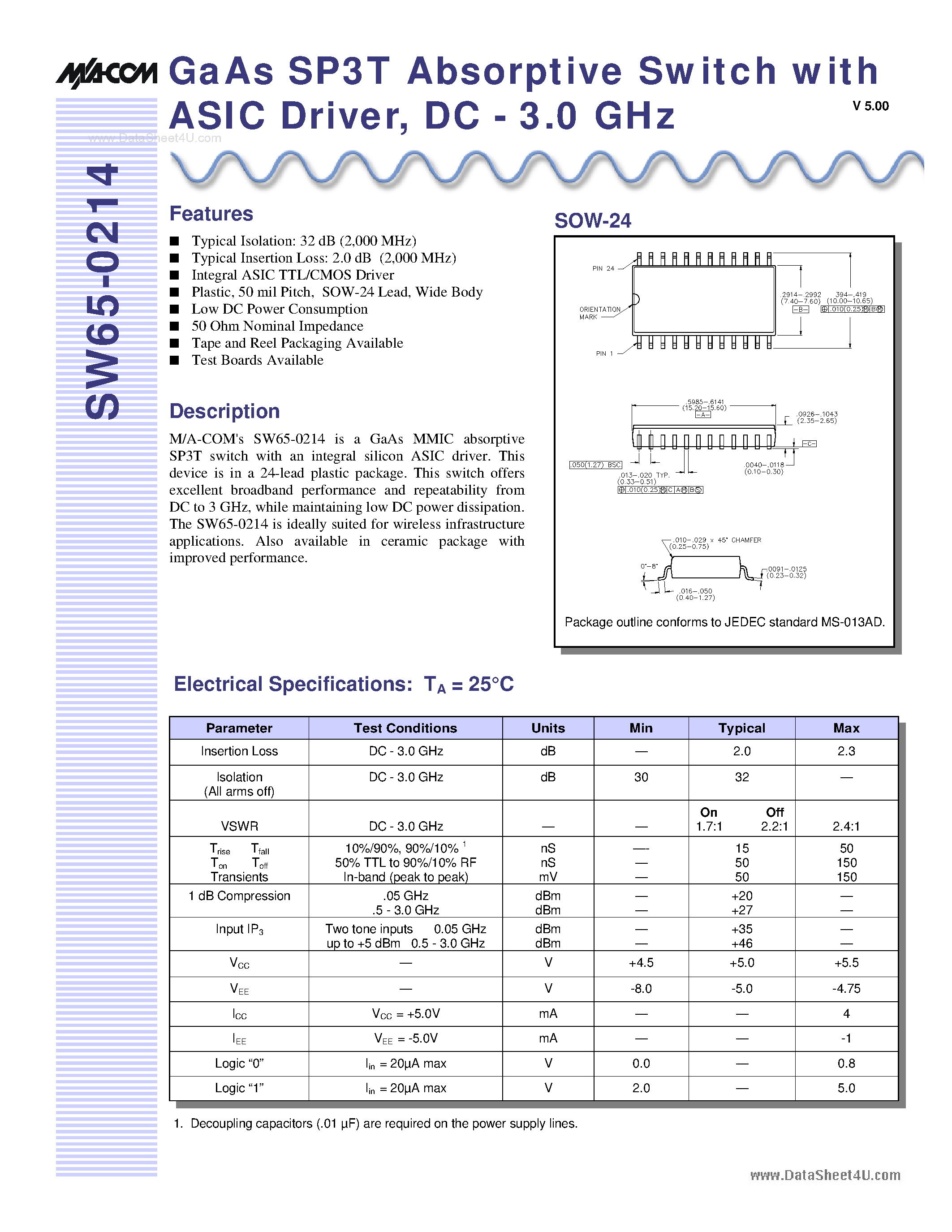 Datasheet SW65-0214 page 1 Datasheet SW65-0214 - GaAs SP3T Absorptive Switch page 1