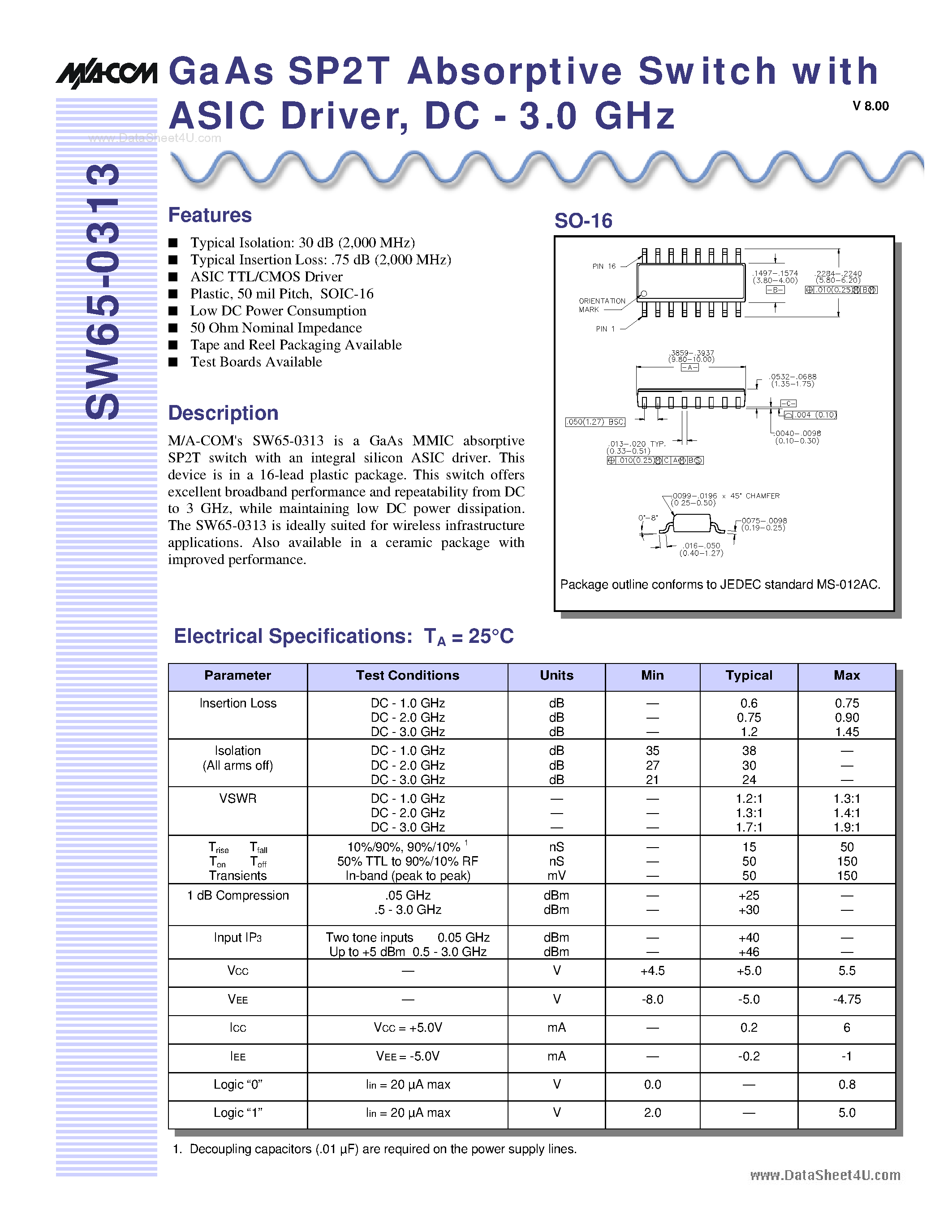 Datasheet SW65-0313 page 1 Datasheet SW65-0313 - GaAs SP2T Absorptive Switch page 1
