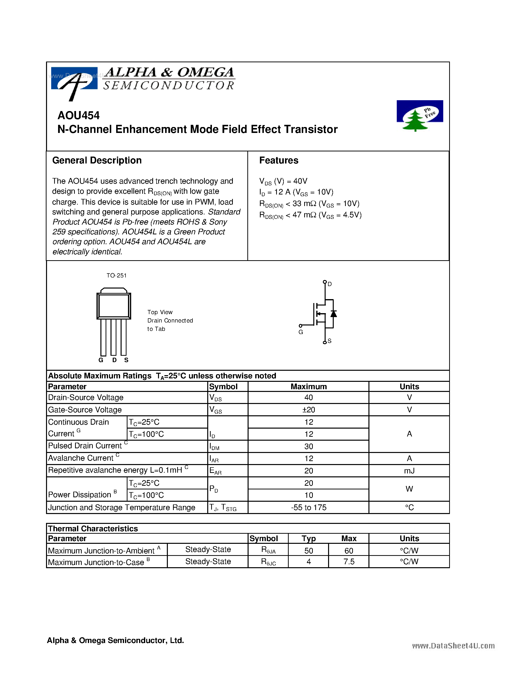Datasheet AOU454 - N-Channel Enhancement Mode Field Effect Transistor page 1