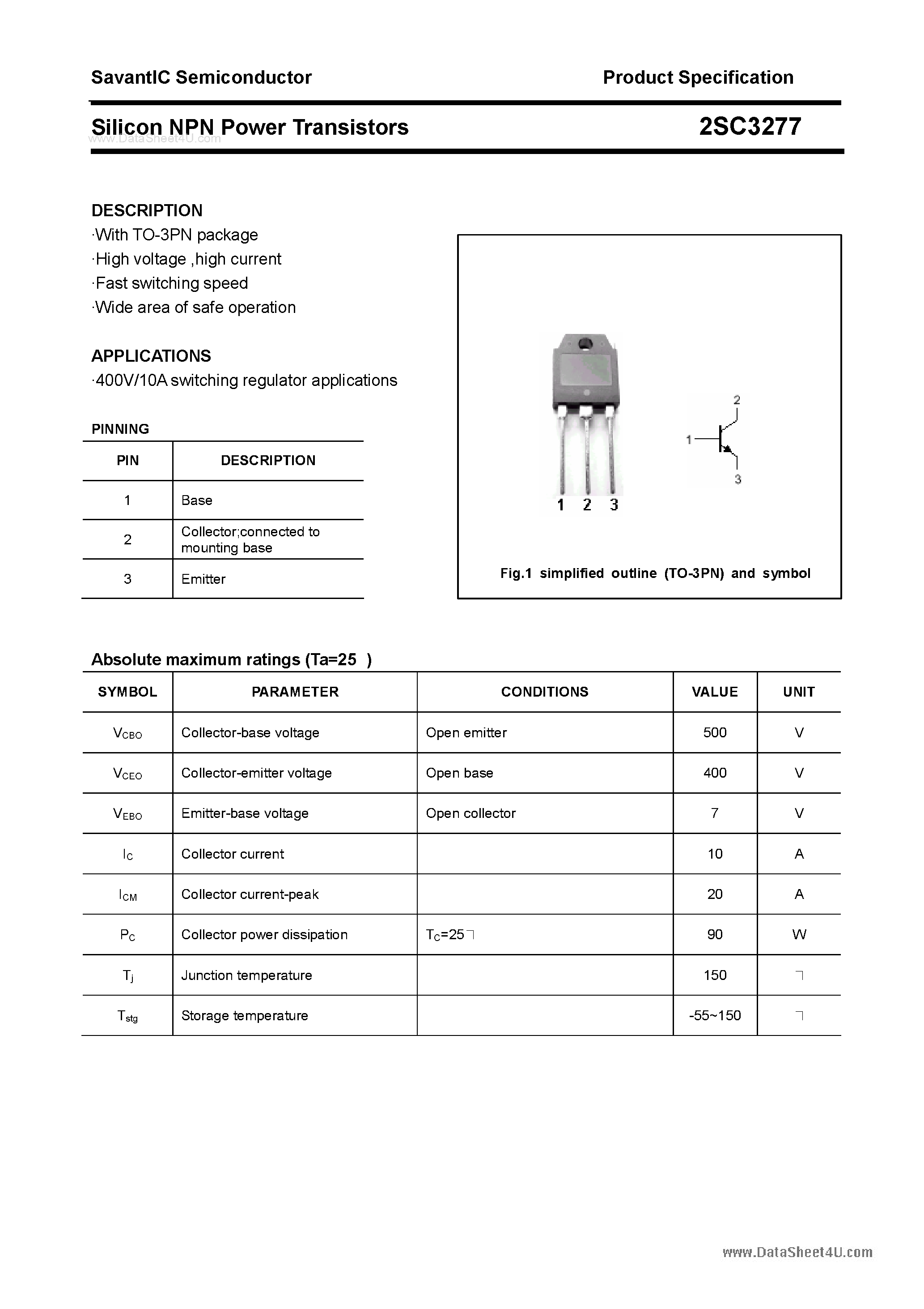 Datasheet 2SC3277 - SILICON POWER TRANSISTOR page 1