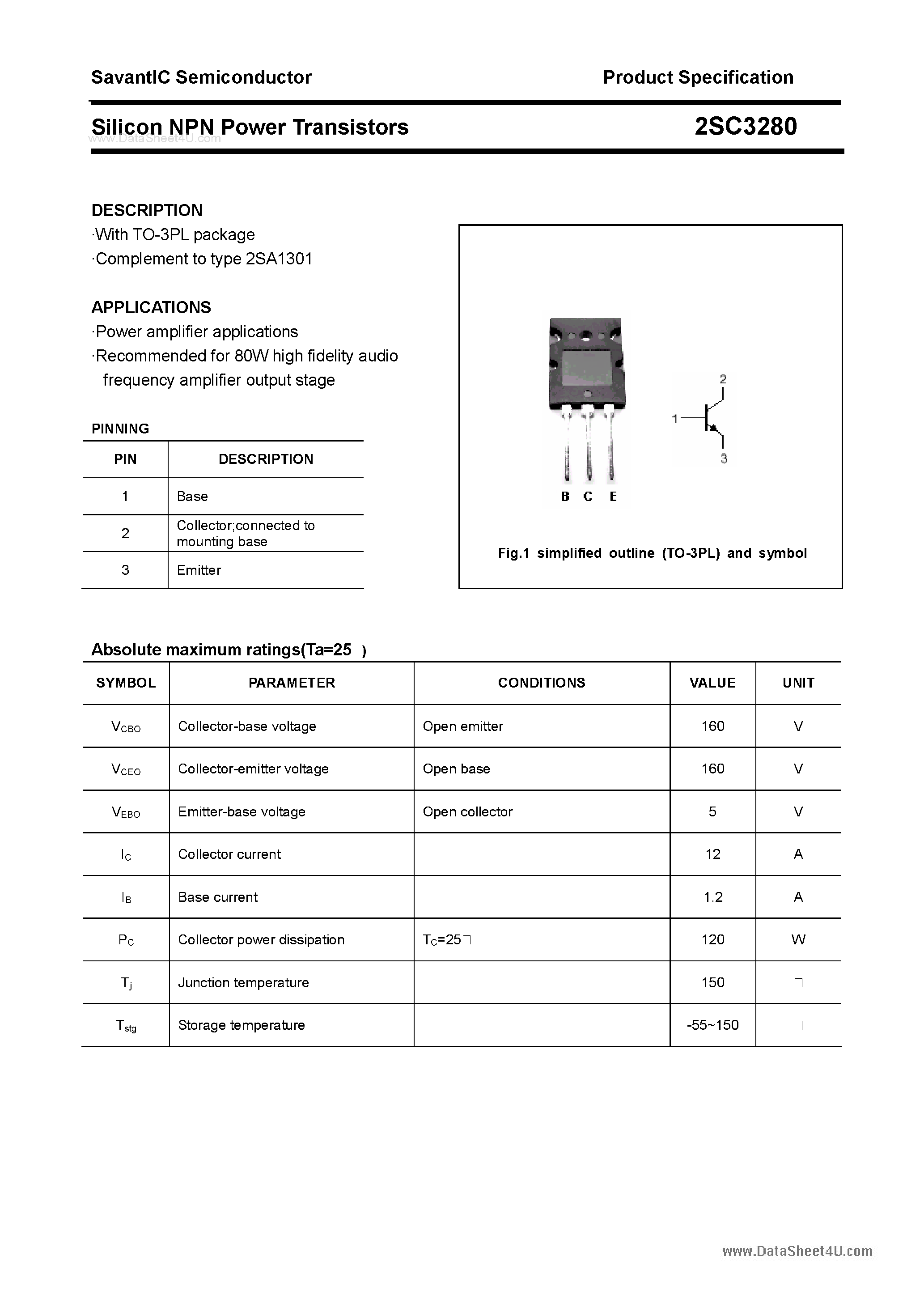 Datasheet 2SC3280 - SILICON POWER TRANSISTOR page 1