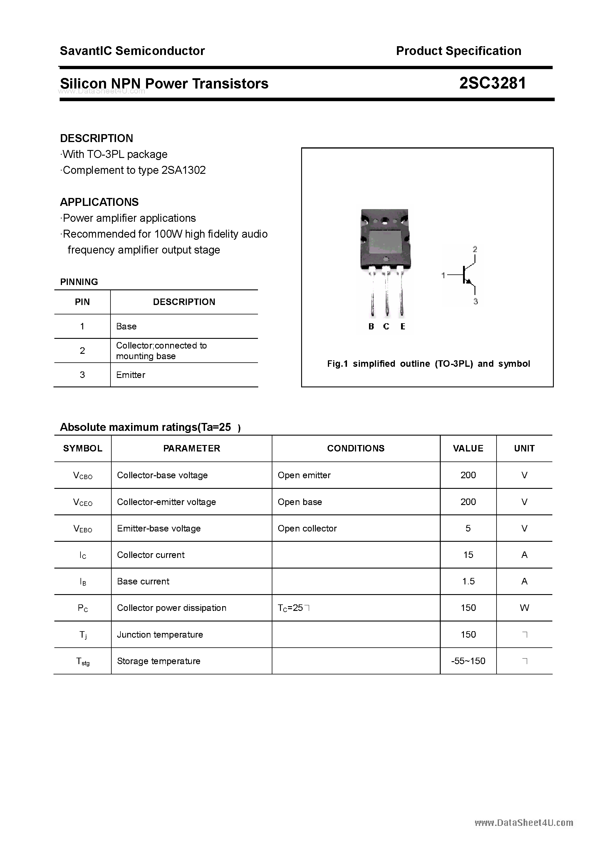 Datasheet 2SC3281 - SILICON POWER TRANSISTOR page 1
