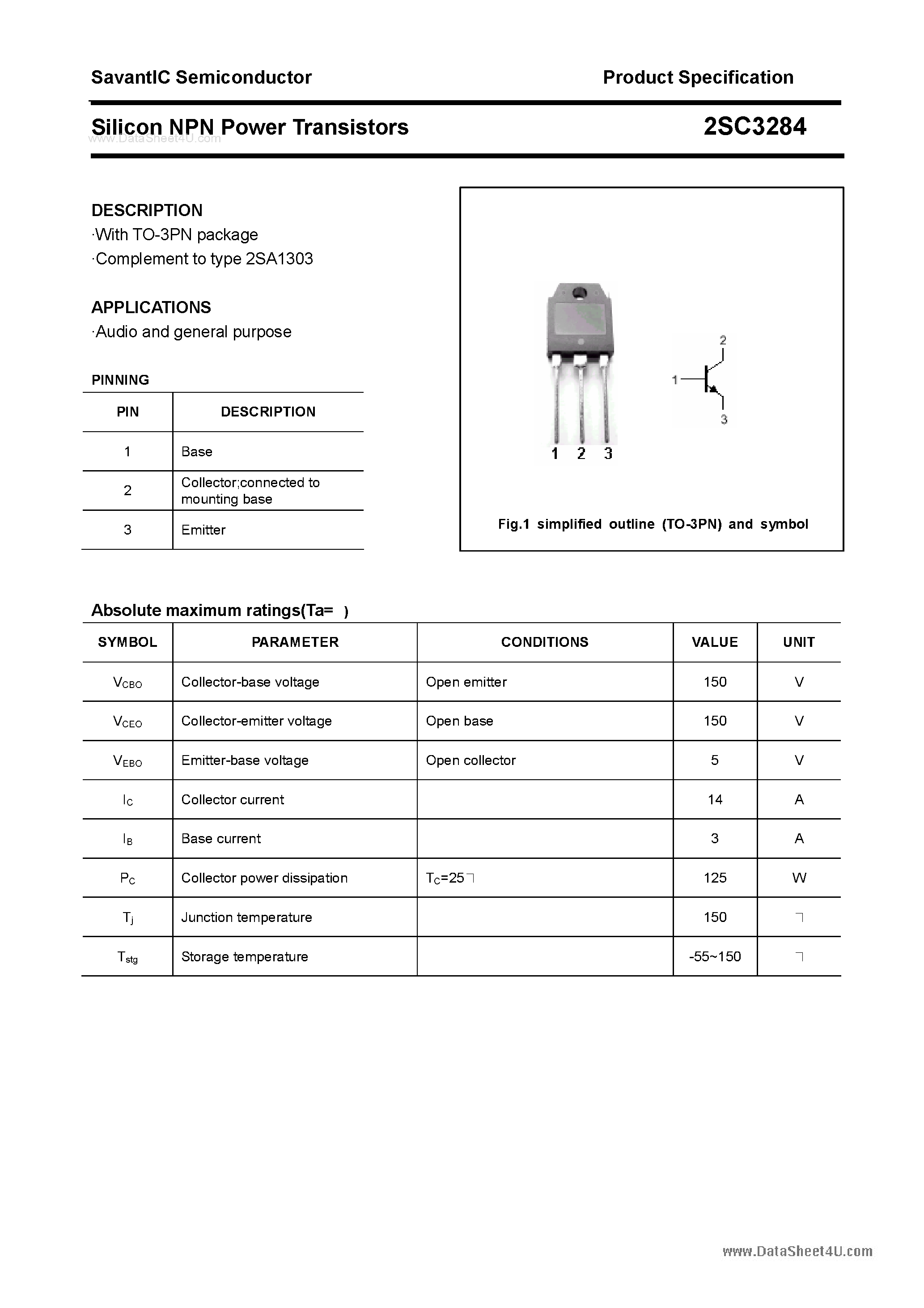 Datasheet 2SC3284 - SILICON POWER TRANSISTOR page 1