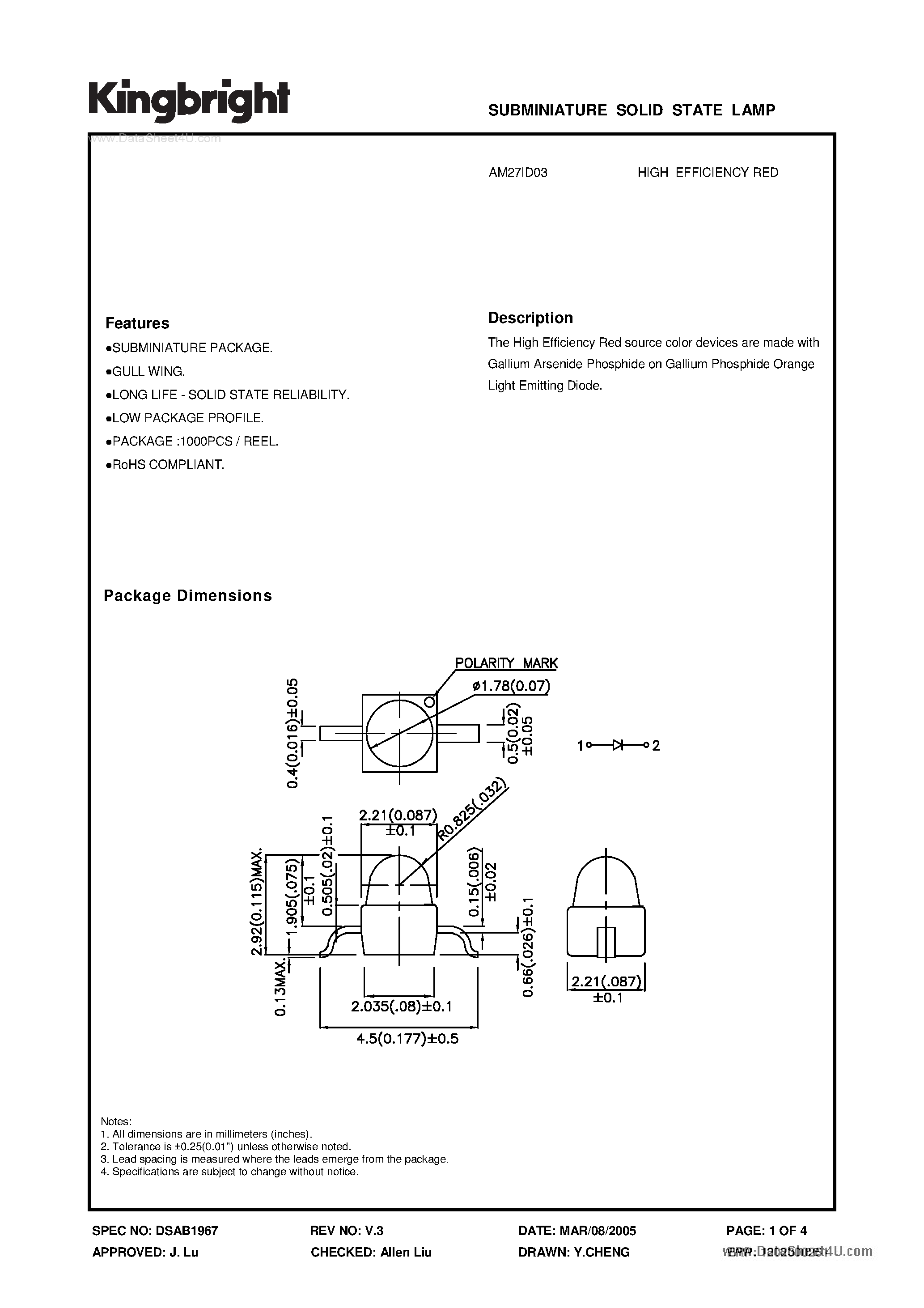 Datasheet AM27ID03 - SUBMINIATURE SOLID STATE LAMP page 1