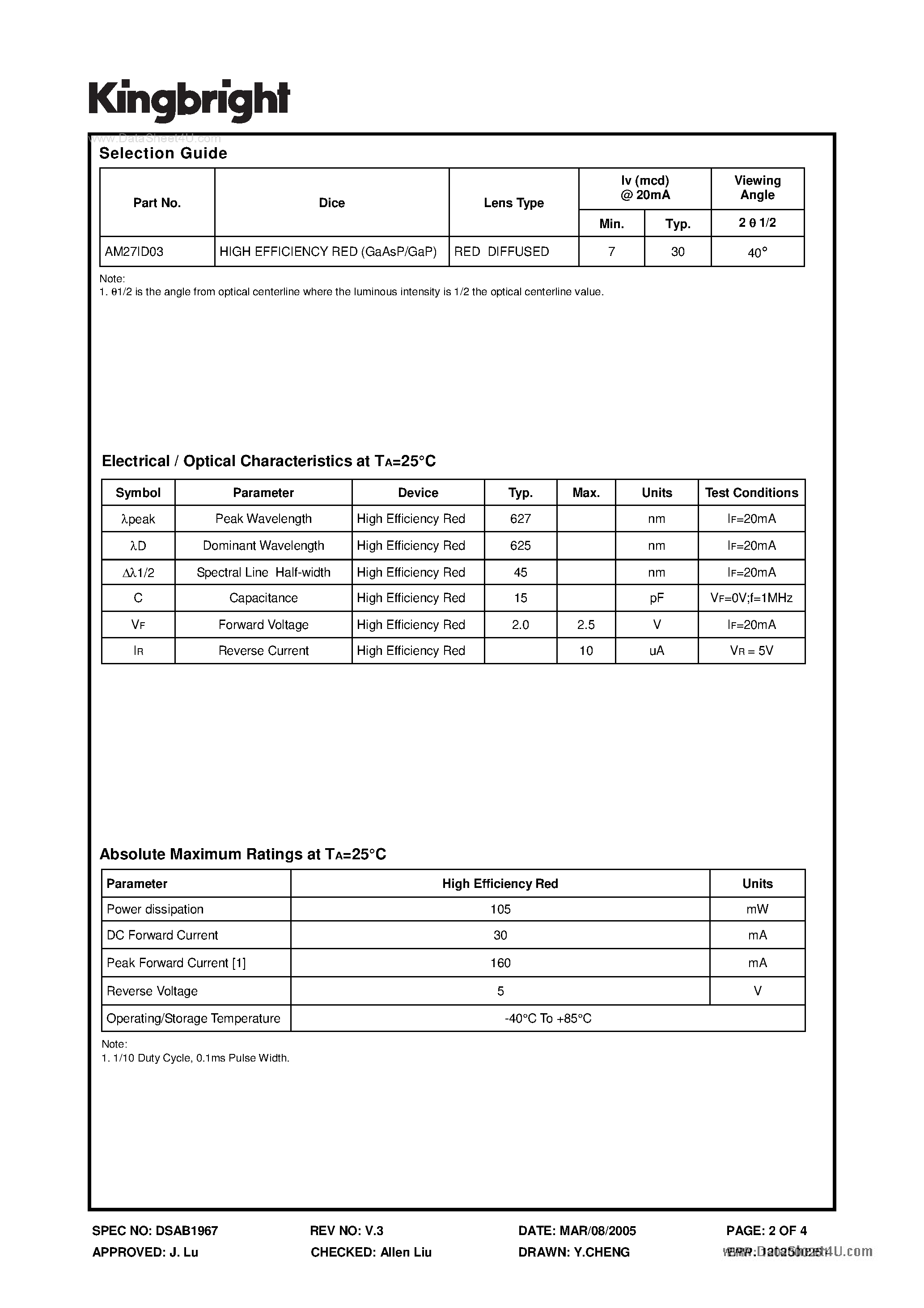 Datasheet AM27ID03 - SUBMINIATURE SOLID STATE LAMP page 2