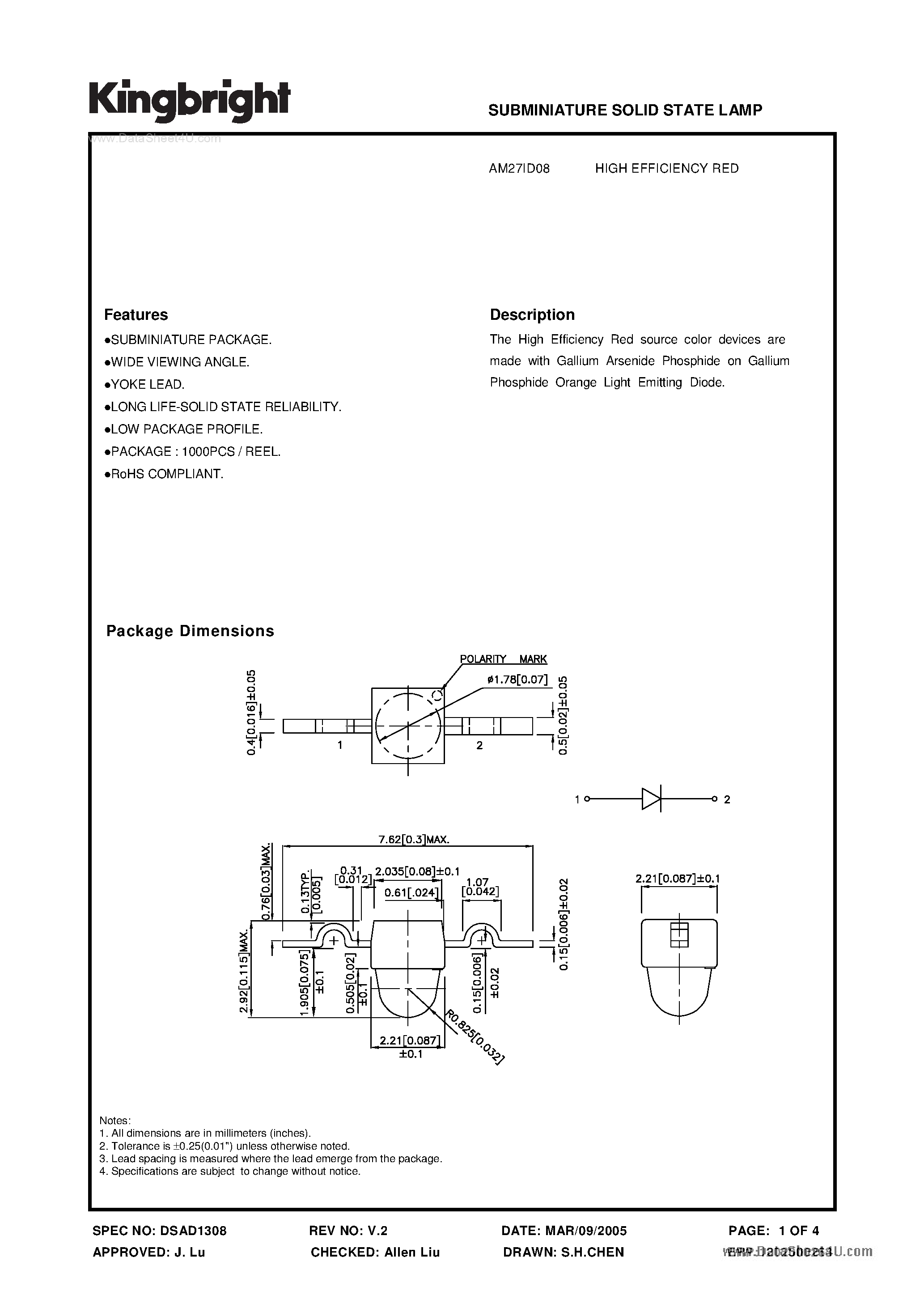 Datasheet AM27ID08 - SUBMINIATURE SOLID STATE LAMP page 1