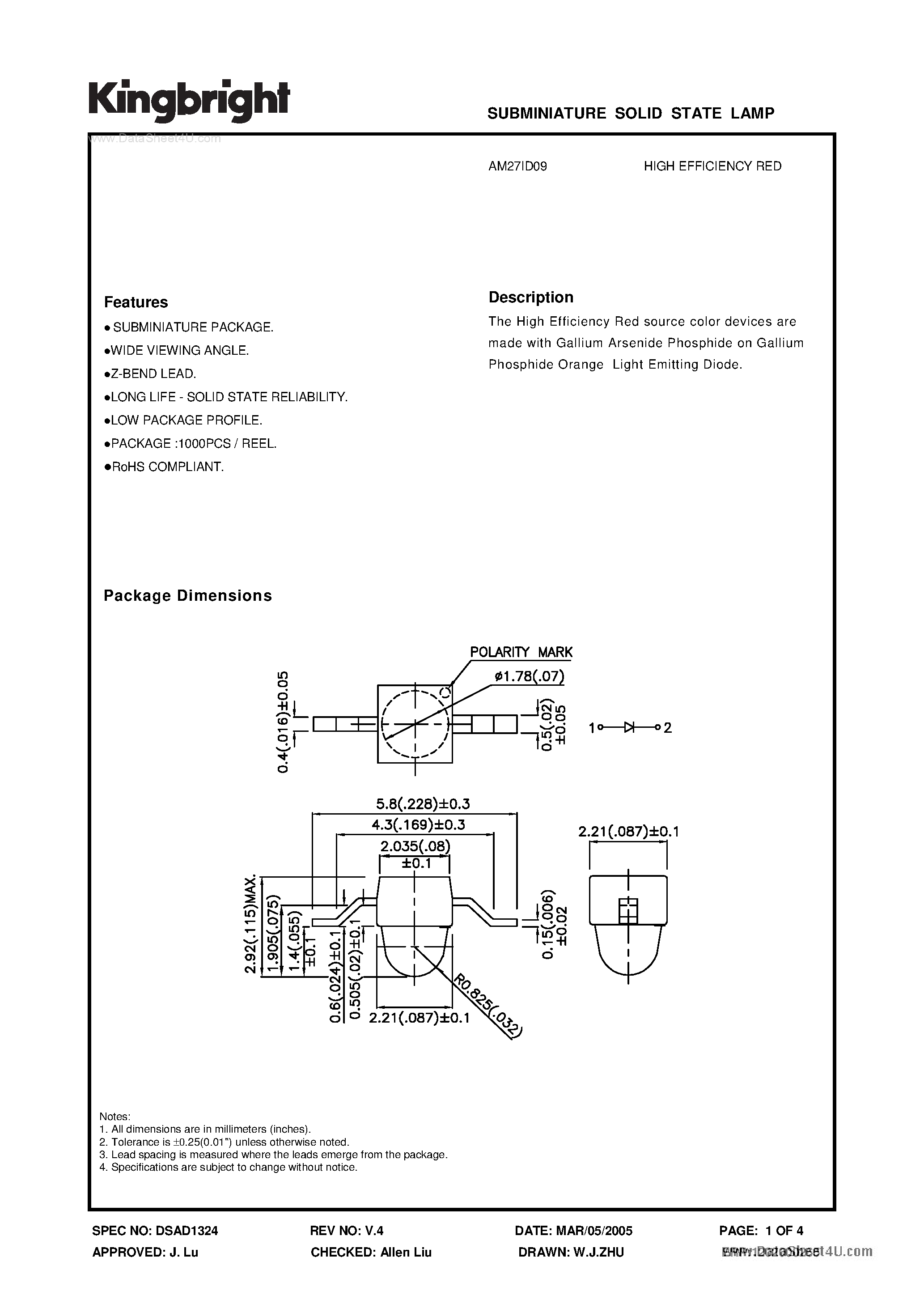 Datasheet AM27ID09 - SUBMINIATURE SOLID STATE LAMP page 1