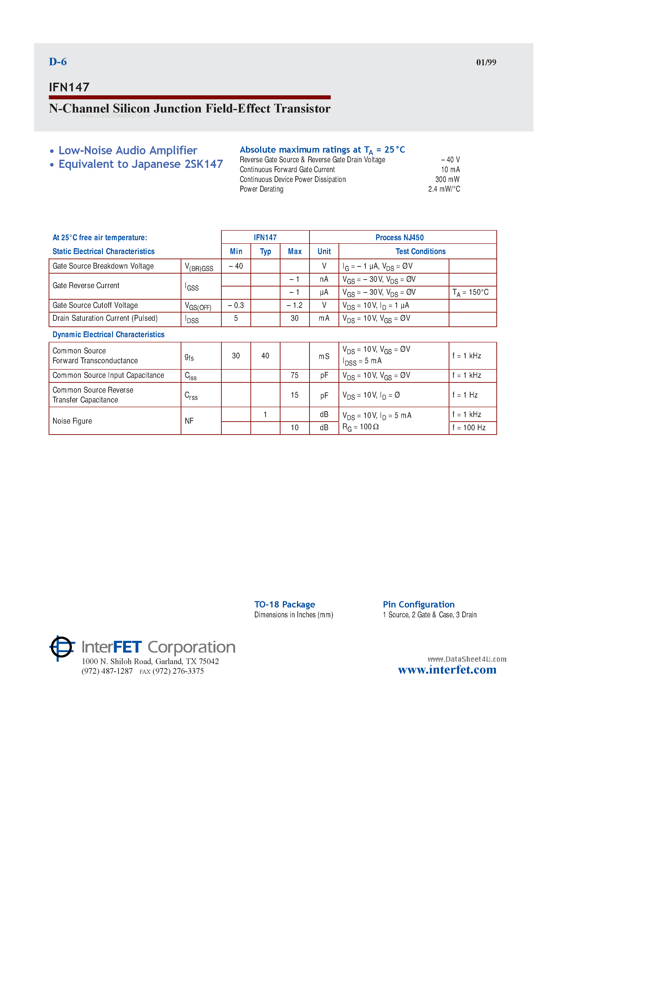 Datasheet IFN147 page 1 Datasheet IFN147 - N-Channel Silicon Junction Field-Effect Transistor page 1