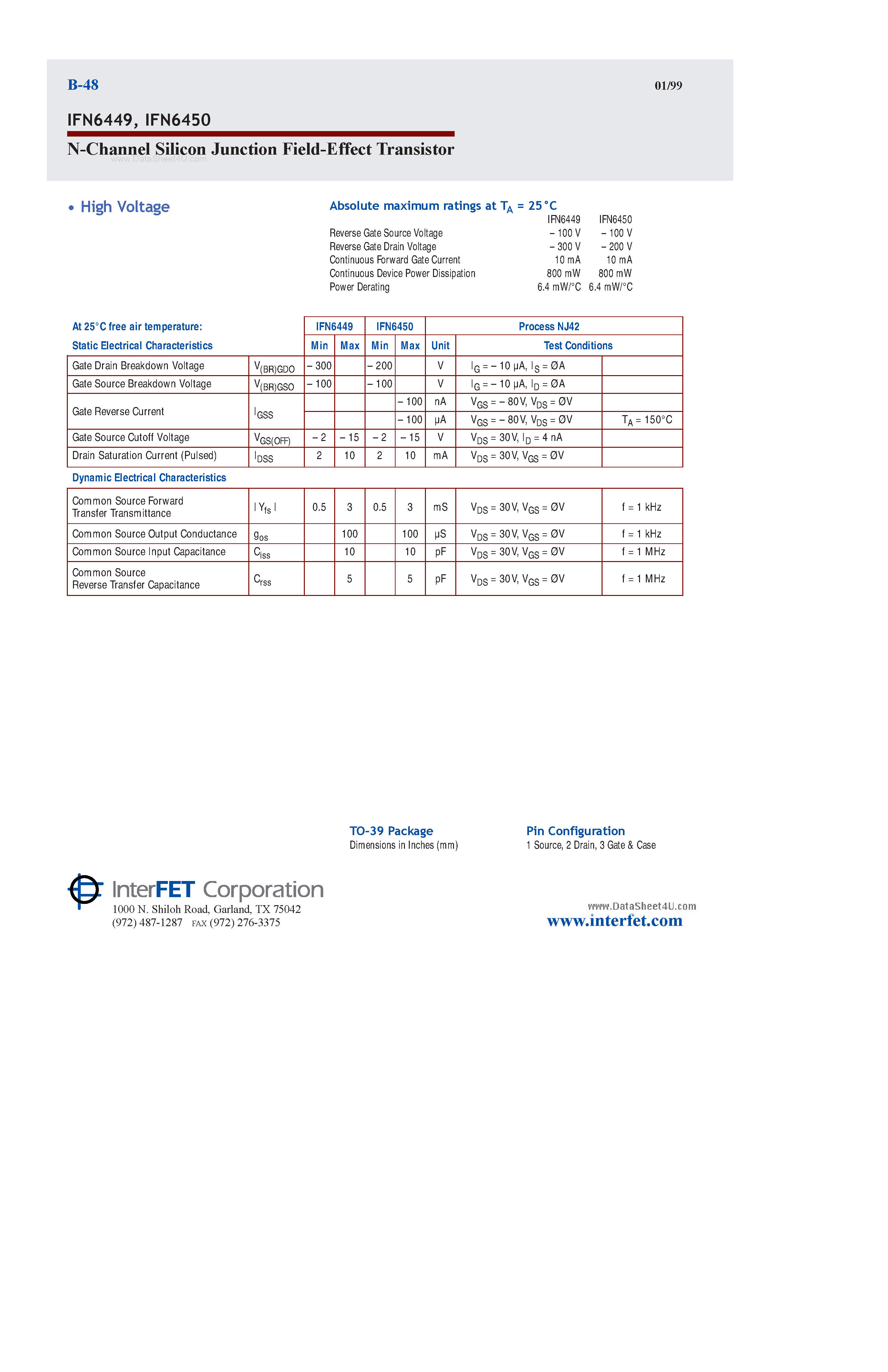 Datasheet IFN6449 - (IFN6449 / IFN6450) N-Channel Silicon Junction Field-Effect Transistor page 1