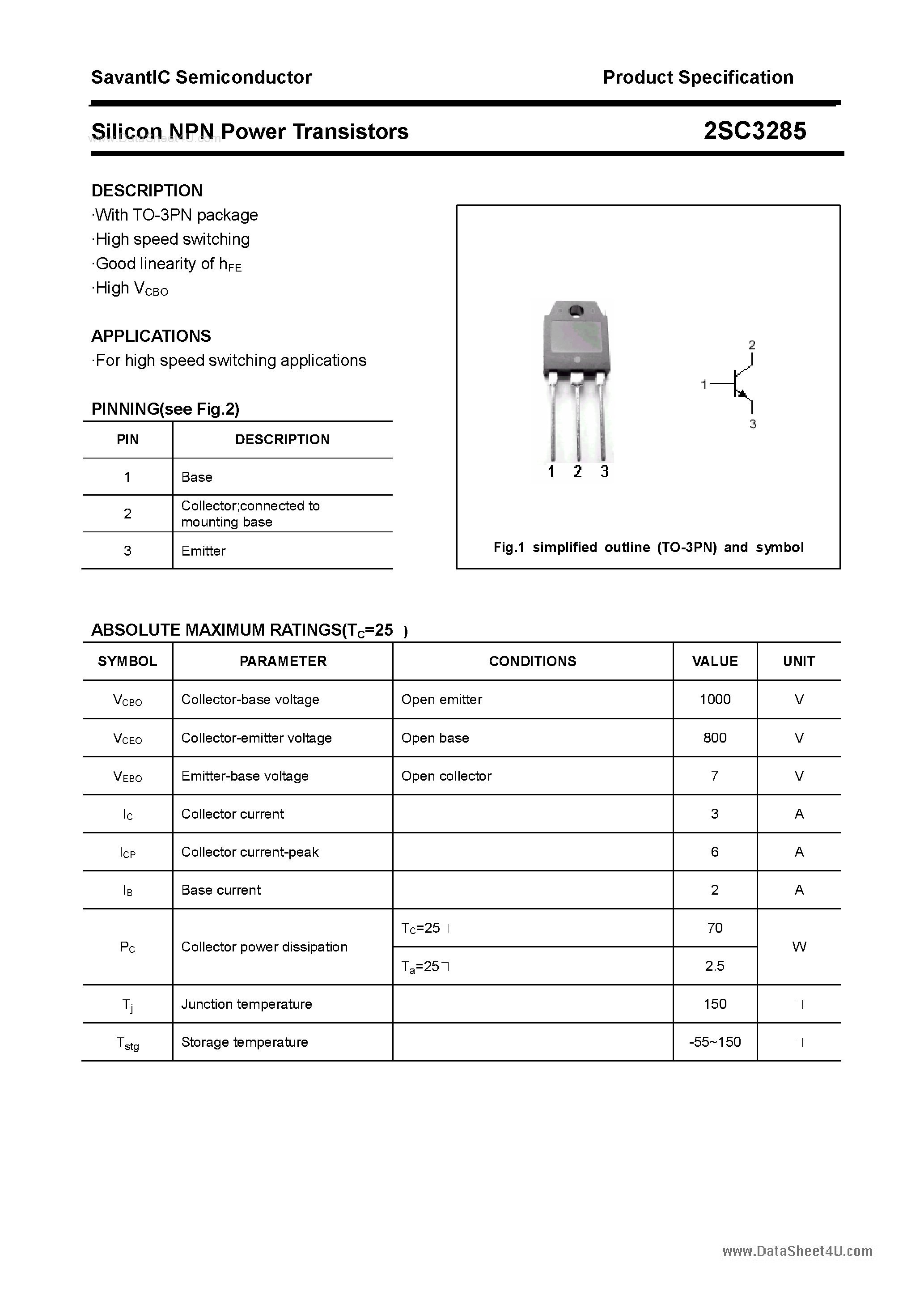 Datasheet 2SC3285 - SILICON POWER TRANSISTOR page 1