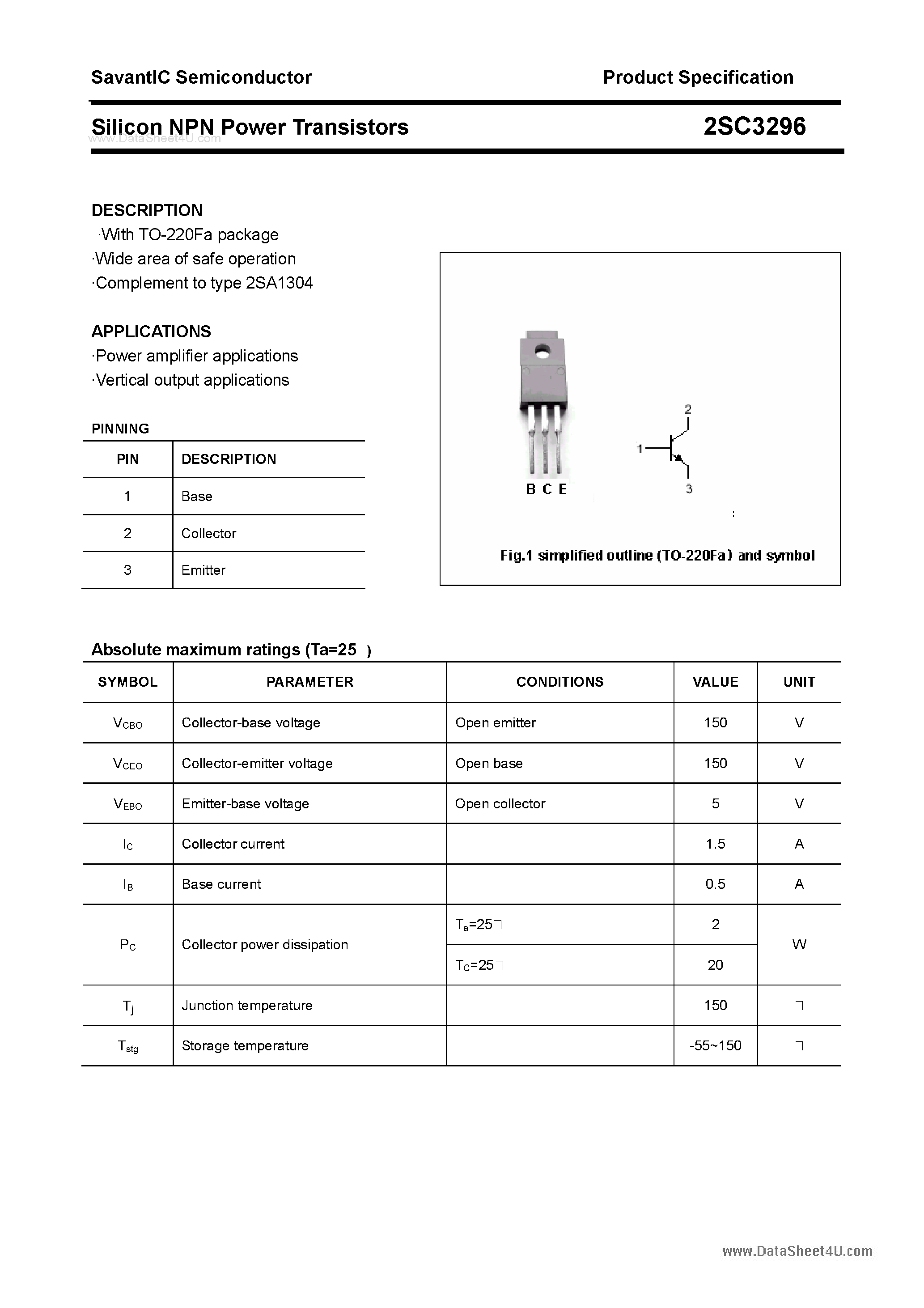 Datasheet 2SC3296 - SILICON POWER TRANSISTOR page 1