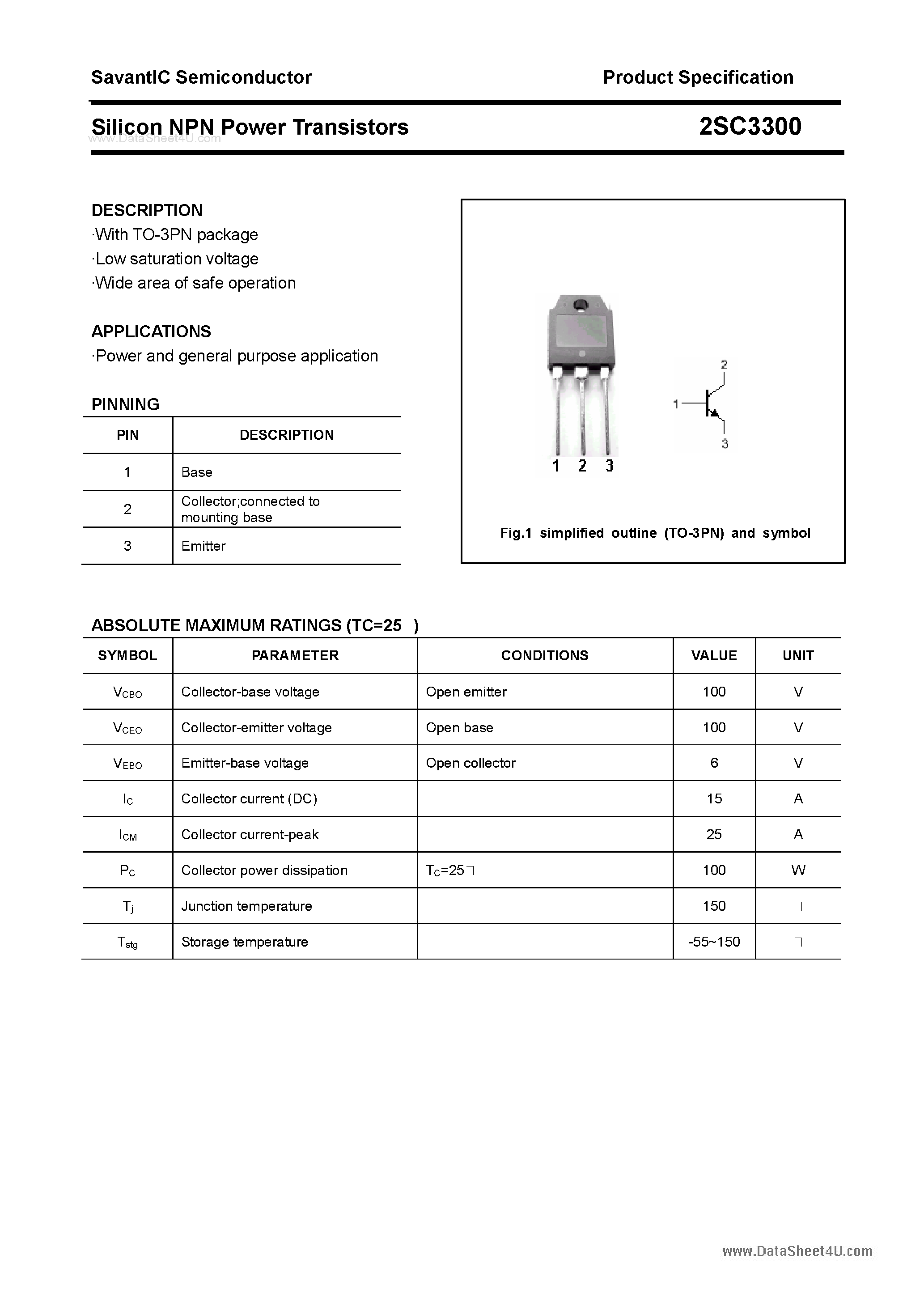 Datasheet 2SC3300 - SILICON POWER TRANSISTOR page 1