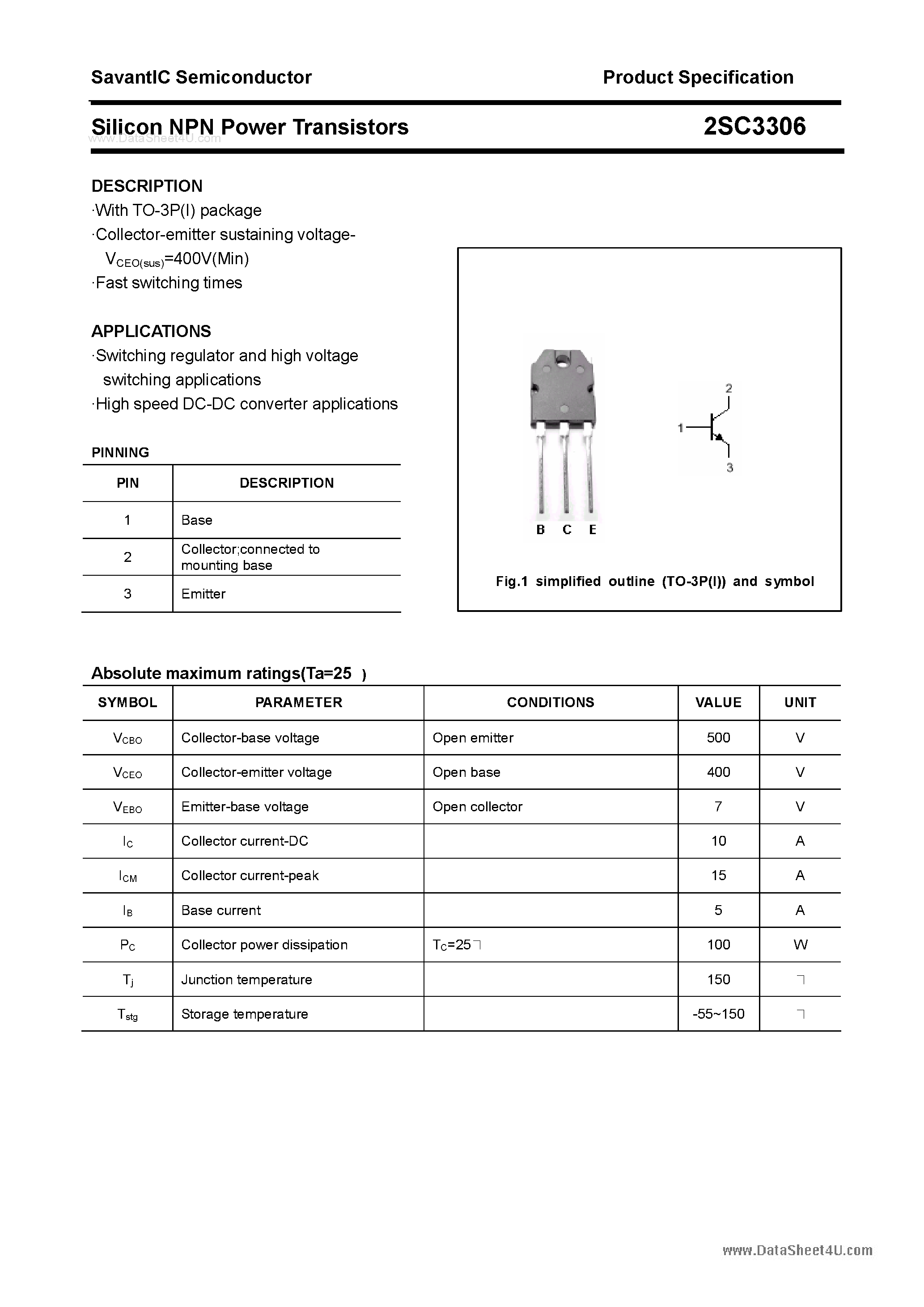 Datasheet 2SC3306 - SILICON POWER TRANSISTOR page 1