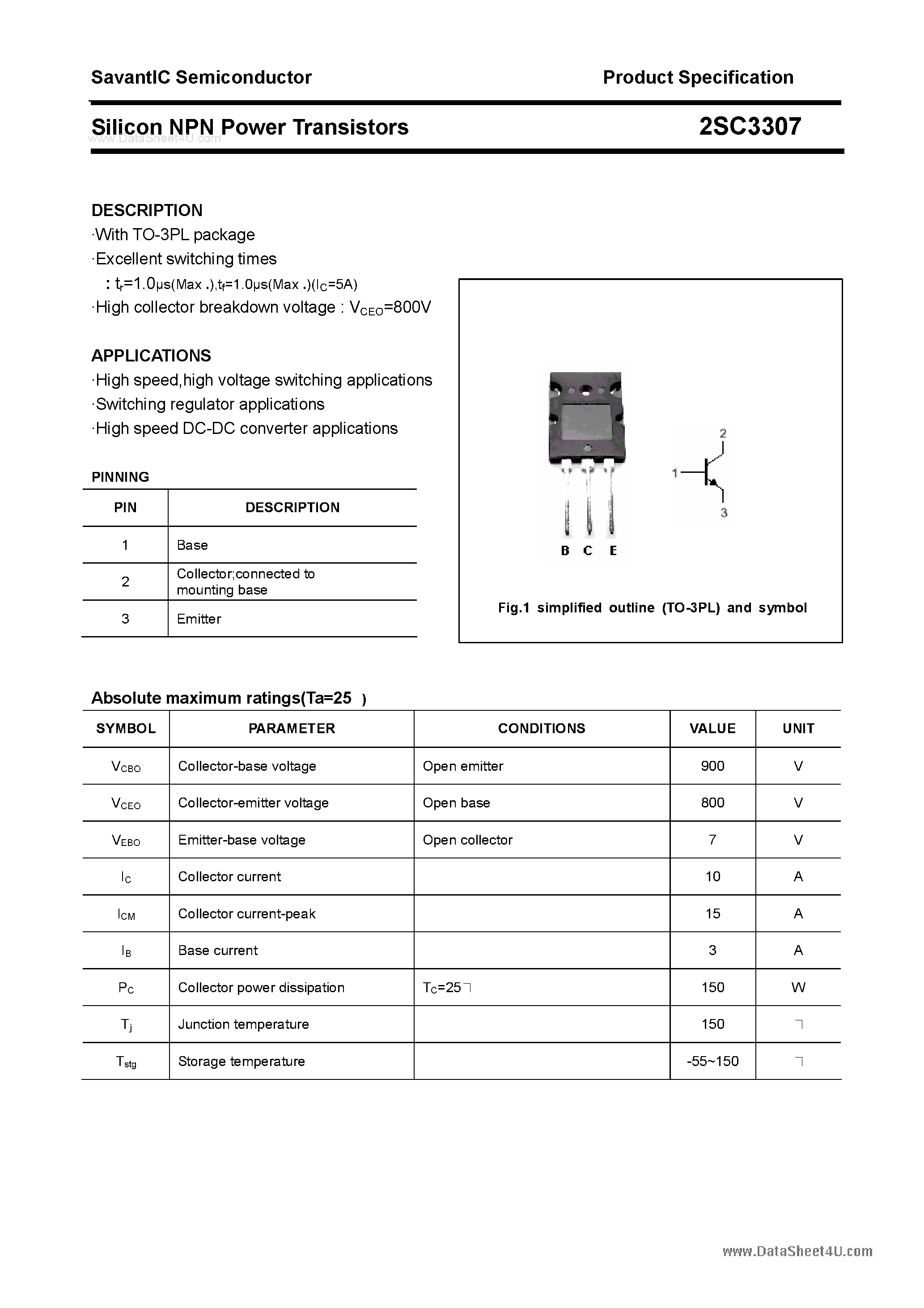 Datasheet 2SC3307 - SILICON POWER TRANSISTOR page 1