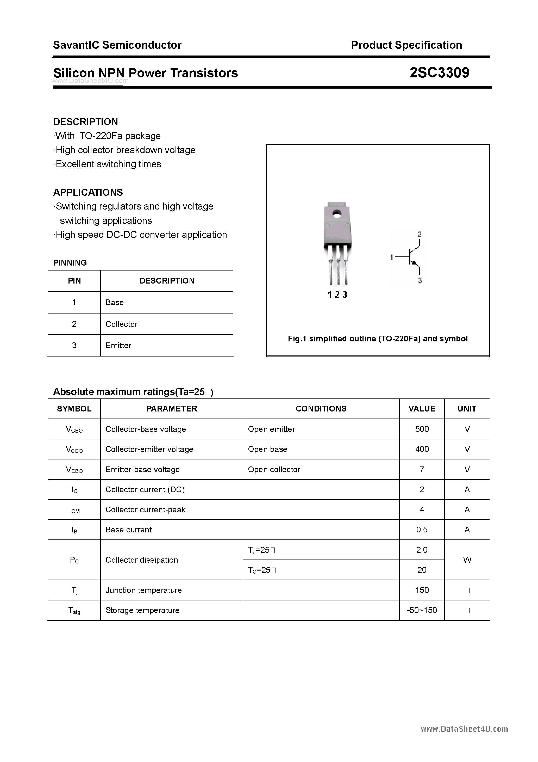 Datasheet 2SC3309 - SILICON POWER TRANSISTOR page 1