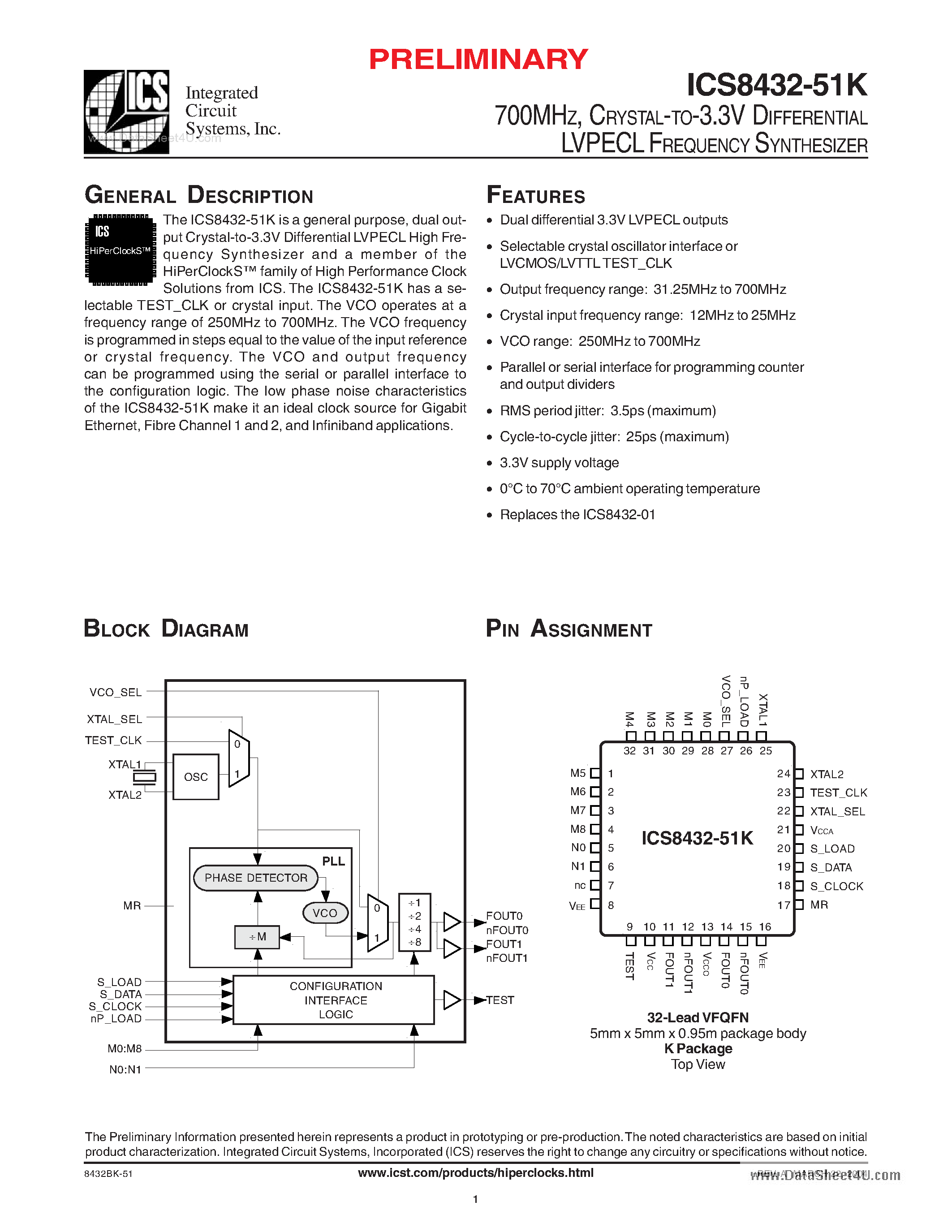 Даташит ICS8432-51K - CRYSTAL-TO-3.3V DIFFERENTIAL LVPECL FREQUENCY SYNTHESIZER страница 1