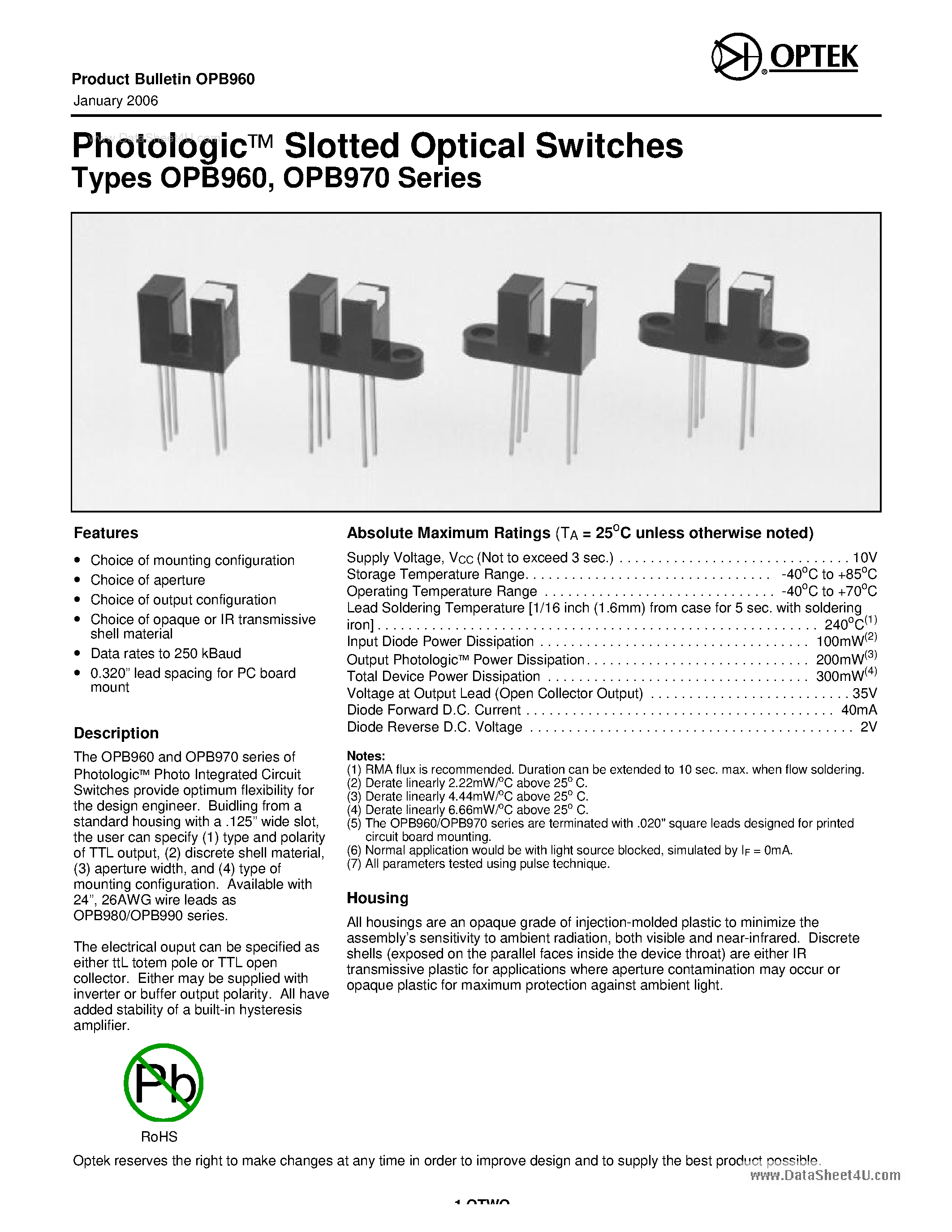Даташит на микросхему OPB960 страница 1 Даташит OPB960 - (OPB960 / OPB970) Photologic Slotted Optical Switches страница 1