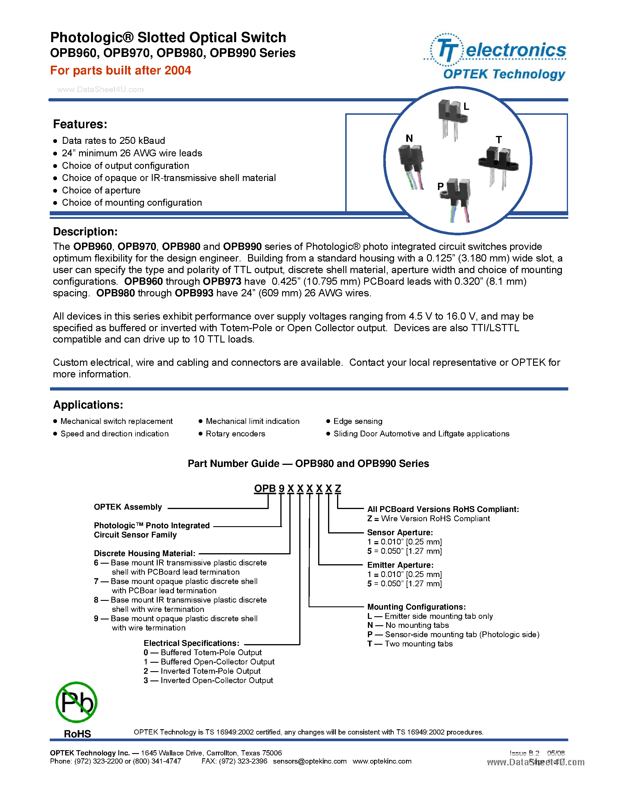 Даташит OPB980 - (OPB980 / OPB990) Photologic Slotted Optical Switches страница 1