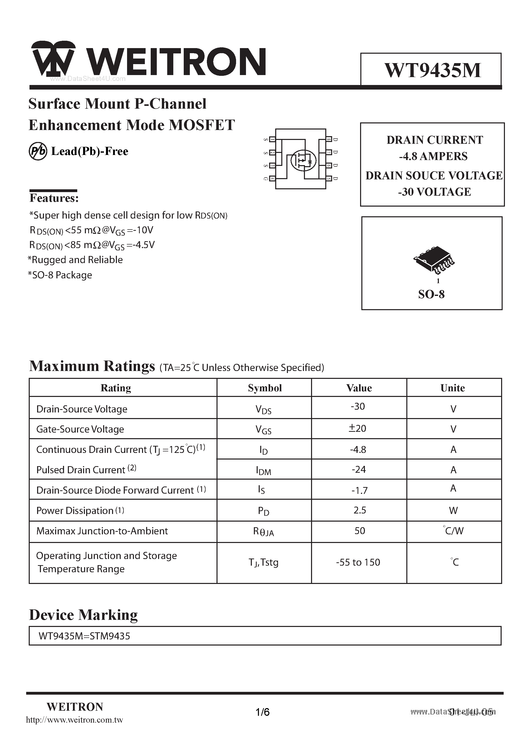 Даташит на микросхему WT9435M страница 1 Даташит WT9435M - Surface Mount P-Channel Enhancement Mode MOSFET страница 1
