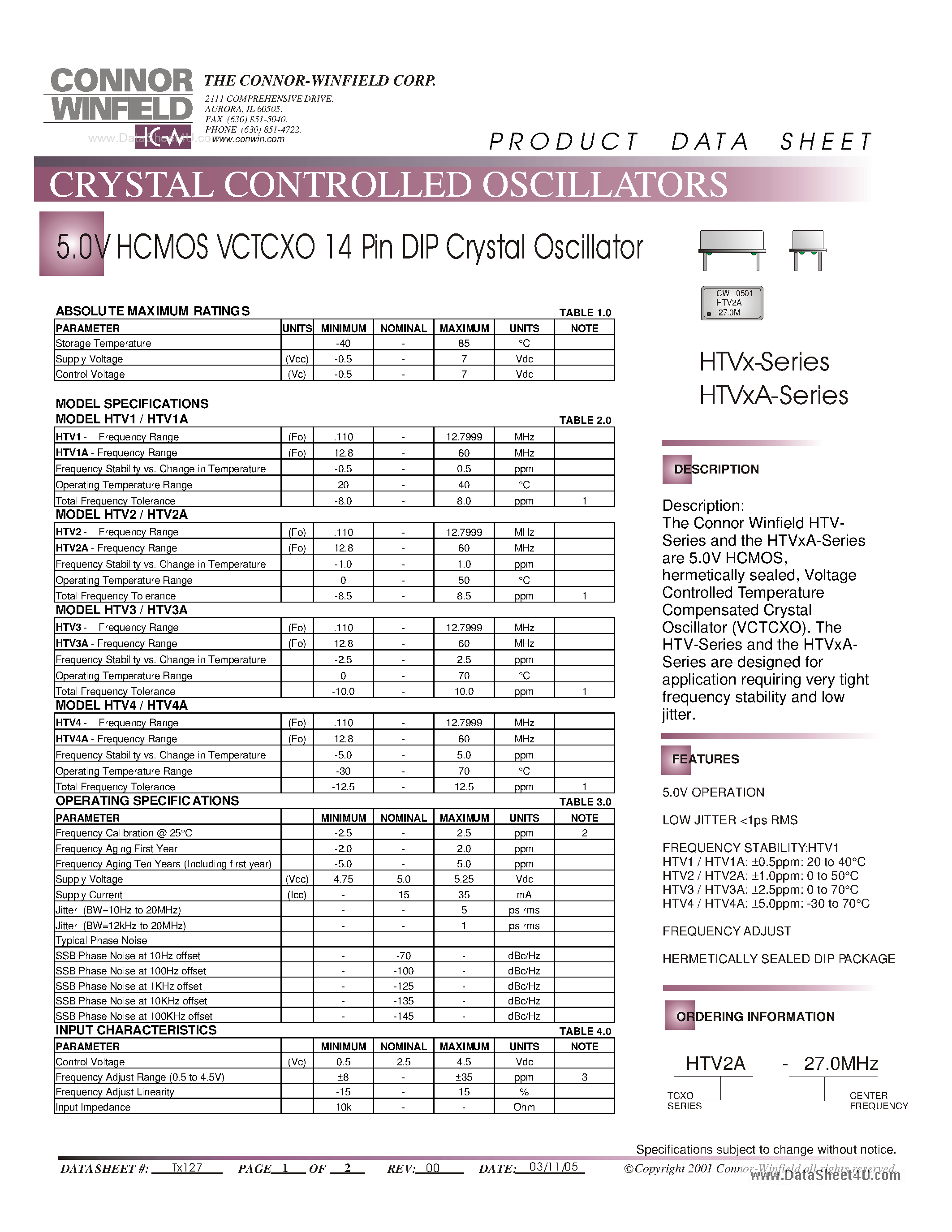 Datasheet HTVx page 1 Datasheet HTVx - 5.0V HCMOS VCTCXO 14 Pin DIP Crystal Oscillator page 1