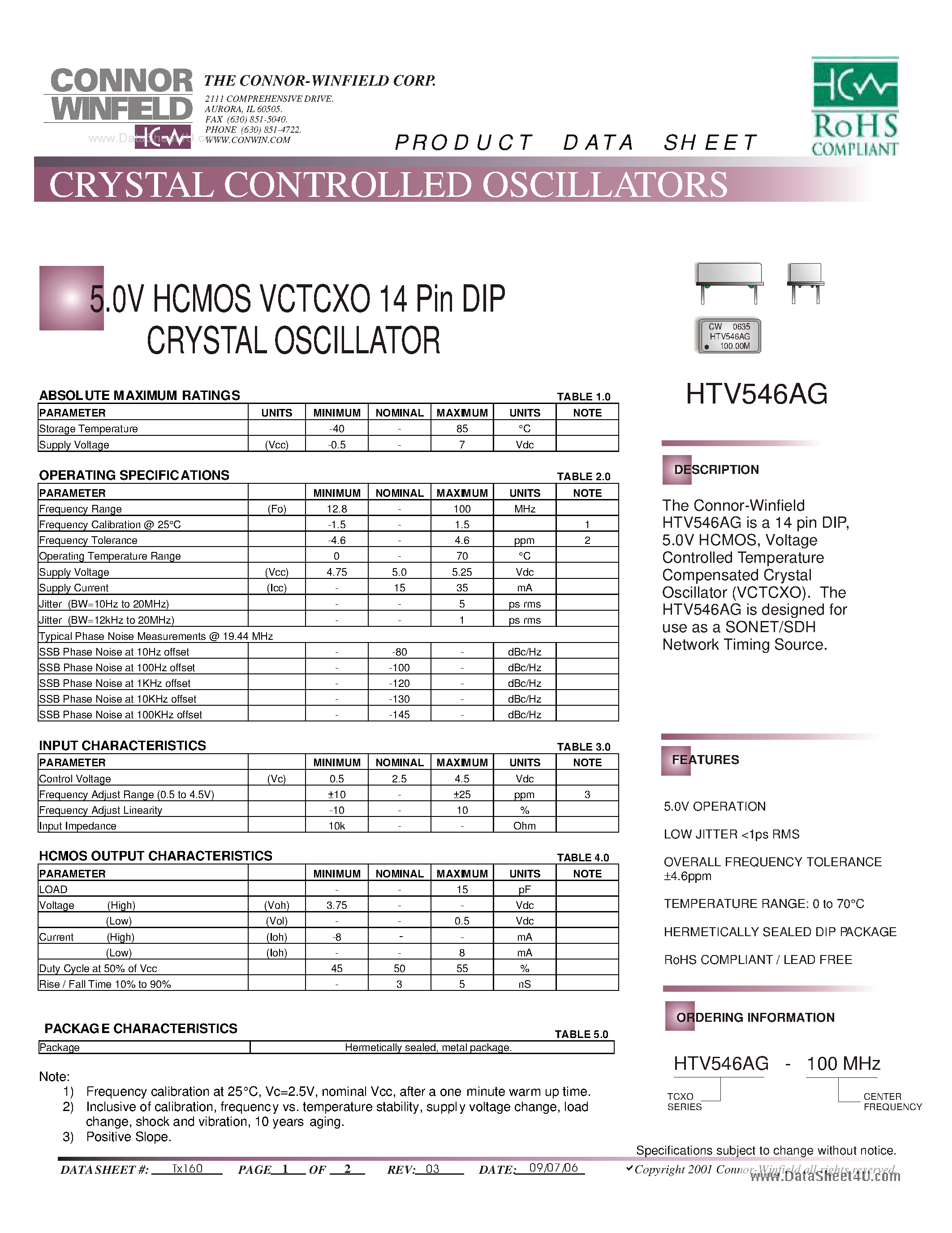 Datasheet HTV546AG page 1 Datasheet HTV546AG - 5.0V HCMOS VCTCXO 14 Pin DIP CRYSTAL OSCILLATOR page 1